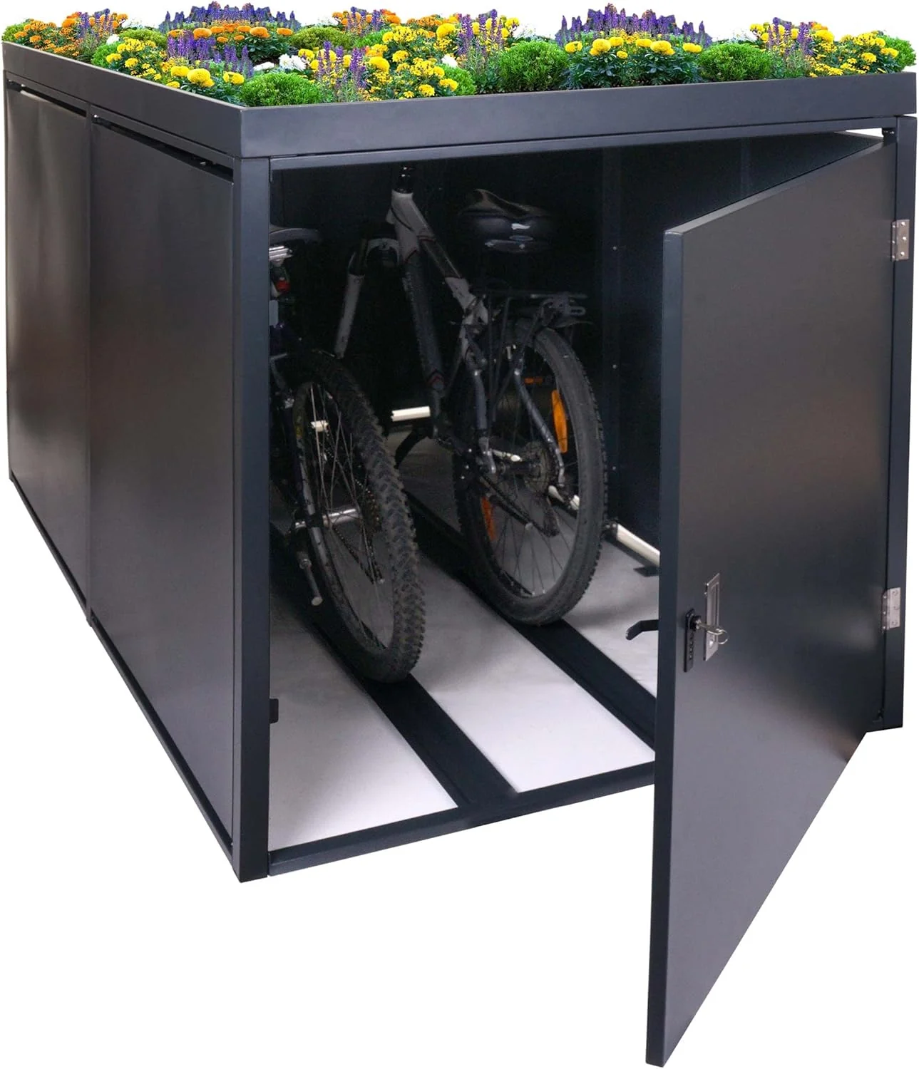 2026 Mendler 2er-Fahrradgarage mit Pflanzkasten HWC-L56b, Fahrradbox, abschließbar verzinkter Stahl 125x113x208cm - anthrazit