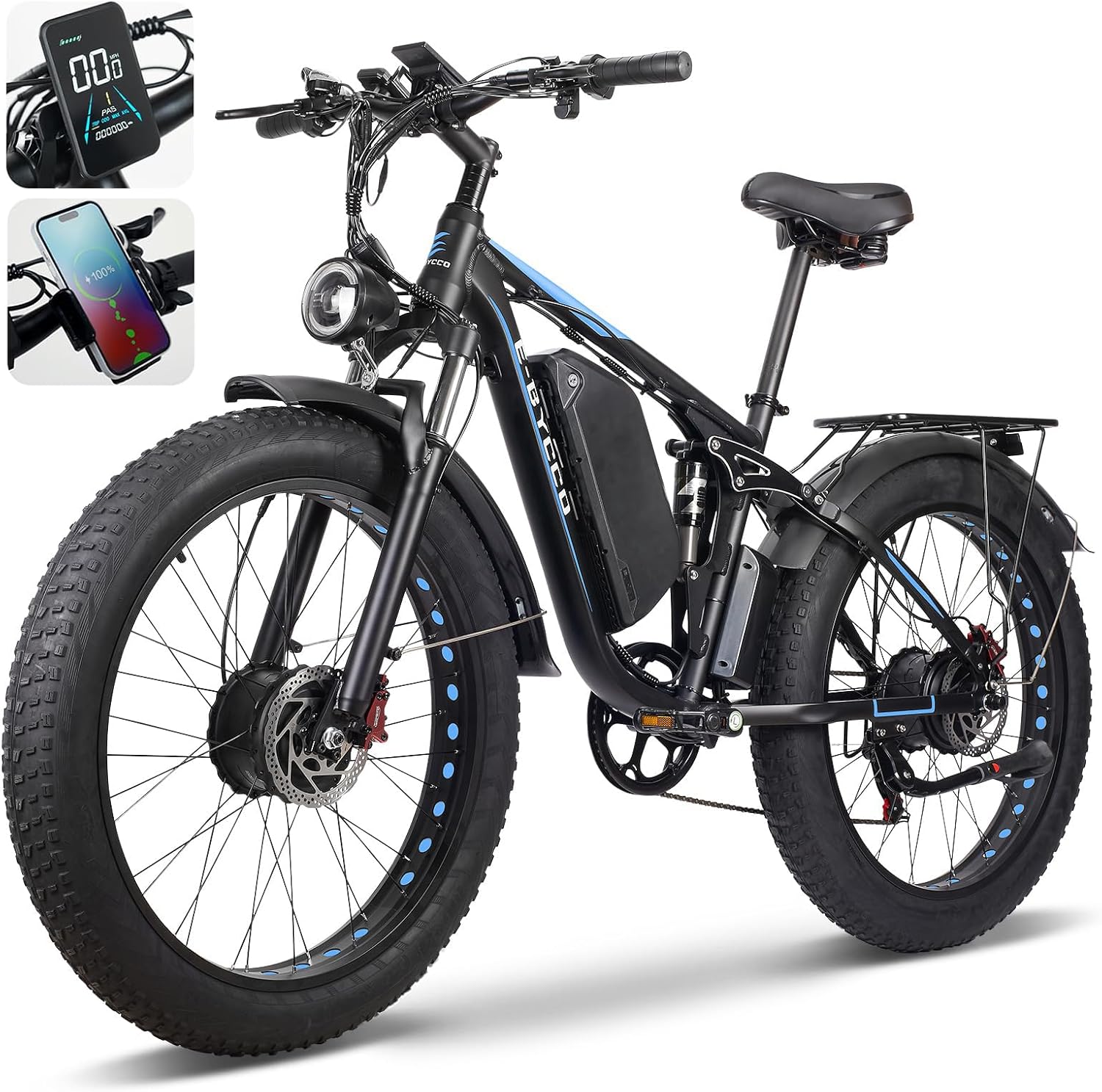 E·Bycco Dual Motors 2000W Peak 3000W Electric Bike for Adults, 37MPH 52V 23Ah Battery Bicycle, Full Suspension 26*4.0 Fat Tire Hydraulic Disc Brake E-Bike, Off-Road Mountain Hunting E-Bikes for Men