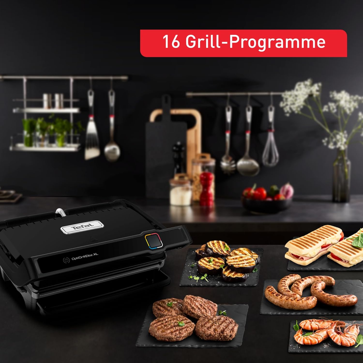 Tefal OptiGrill Elite XL Kontaktgrill, automatische Garzeitanpassung, perfekte Ergebnisse, 16 Programme, digitales Display mit Garstufenanzeige, abnehmbare XL-Platten, Elektrogrill, schwarz, GC760812