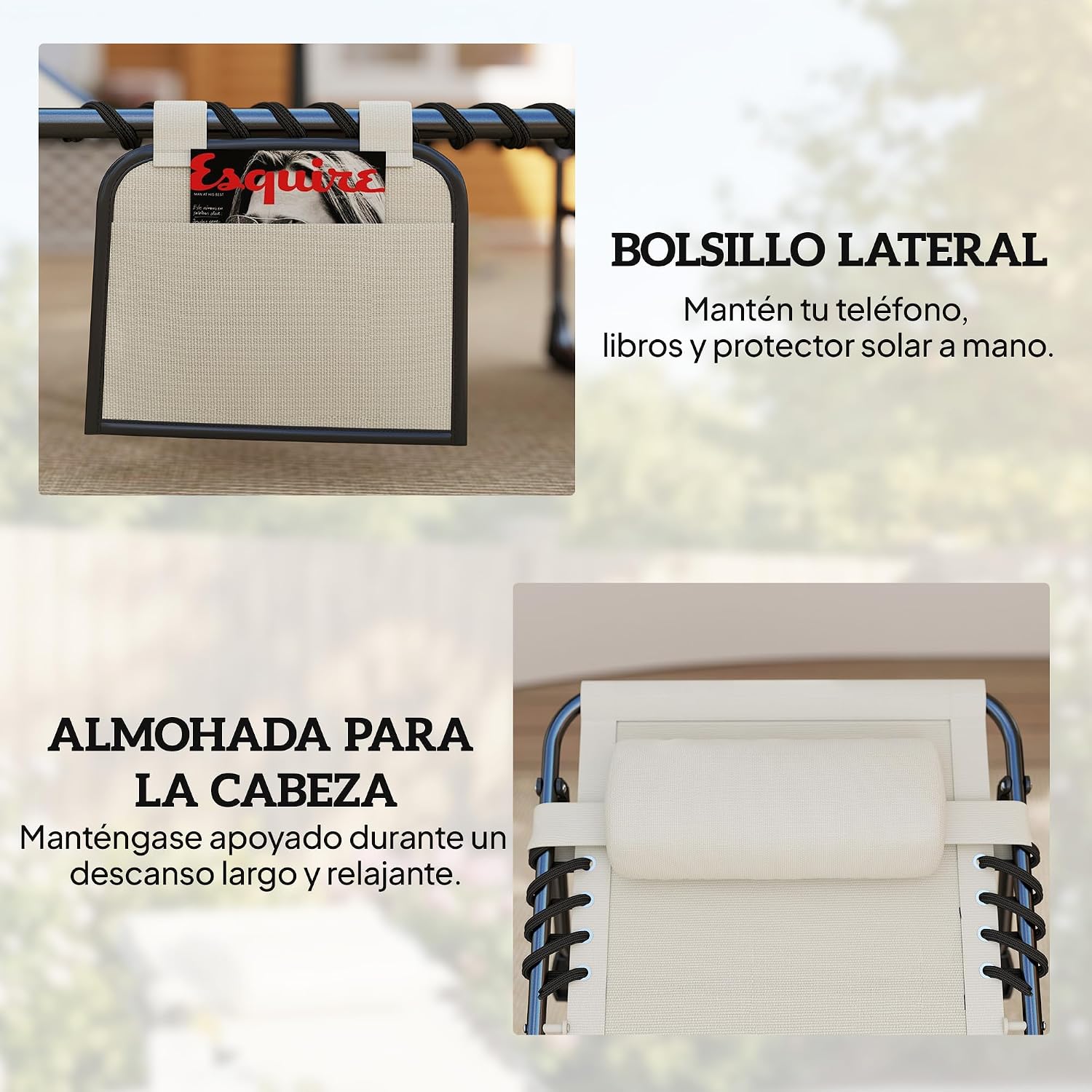 Outsunny Set de 2 Tumbonas Jardín Exterior, Tumbonas Plegables con Reposacabezas y Bolsillo Lateral, Respaldo Reclinable 5 Posiciones y Asiento de Malla Transpirable para Playa, Piscina, Blanco Crema
