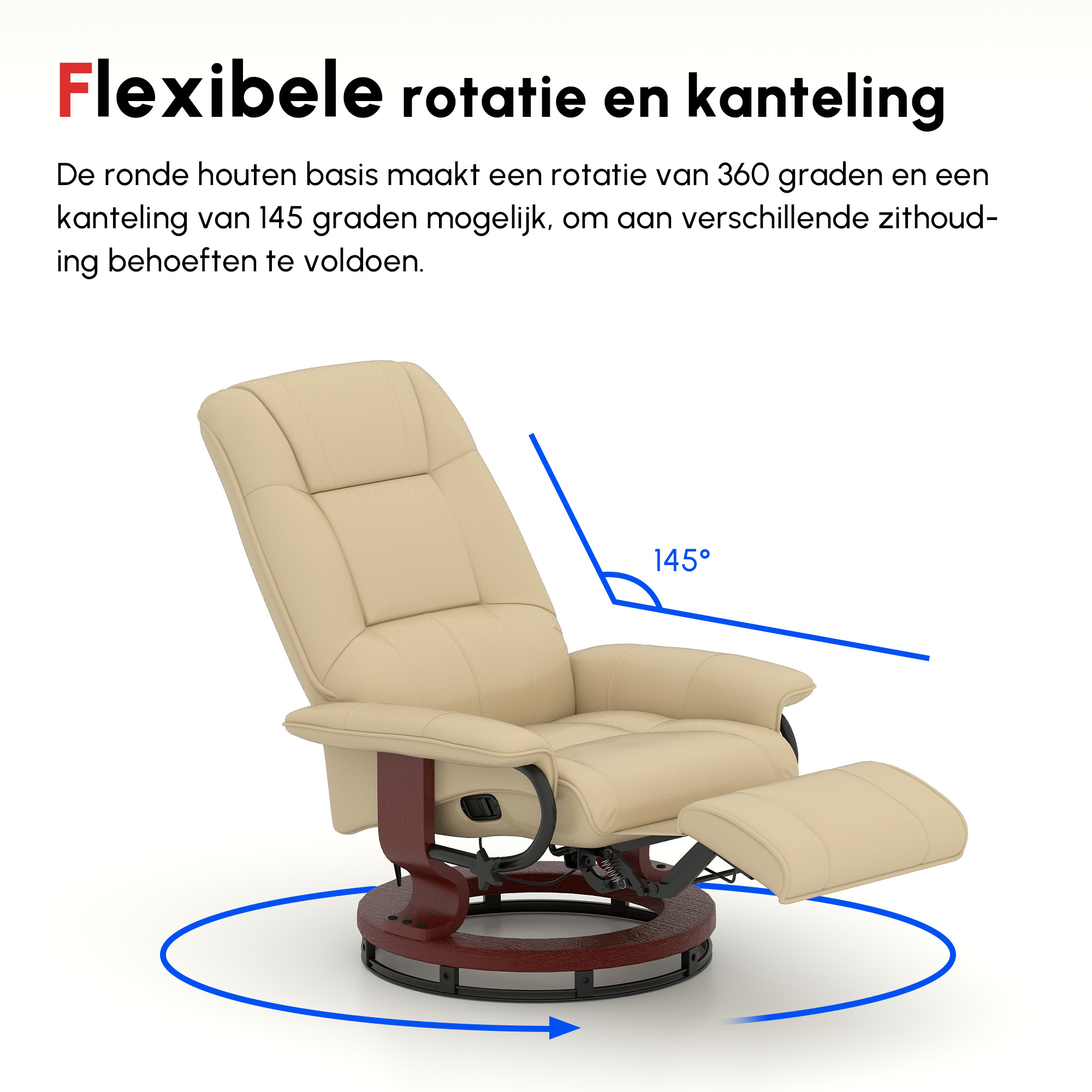 Relaxstoel, Verstelbaar, Ligfunctie, tot 120 kg, Kunstleer, 78 x 87 x 100 cm, Beige