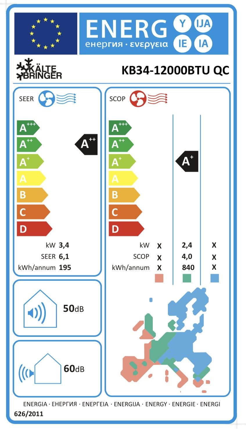 Kältebringer Split Klimaanlage Quick Connect - 12000 BTU (3,4 kW) Klimagerät mit Heizfunktion, WiFi & App, bis 91qm, sehr leise - 5m Kupferleitung, Kältemittel R32, Montagematerial, Wandhalterung