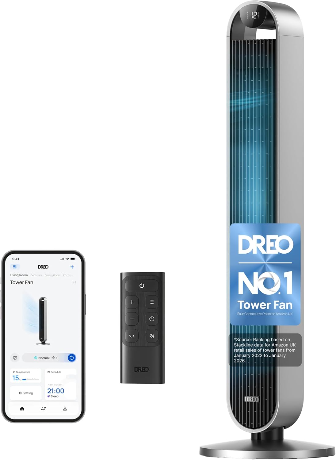 DREO 42 Inch Smart Tower Fan, 20dB Quiet Cooling Fan for Bedroom, 12 Speeds Standing Fan with Remote, 28ft/s Velocity Alexa Fan, 120° Oscillating Electric Fan, APP Control, 4 Modes,12H Timer