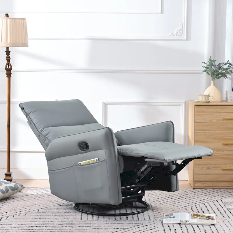 Blue-Gray PU Leather Swivel Glider Rocker Recliner with Pockets, Backrest
