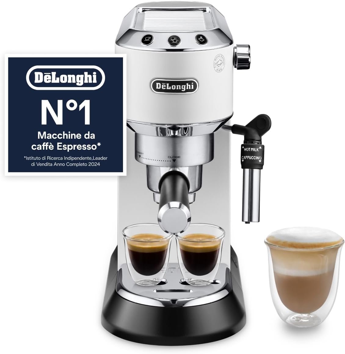 De'Longhi Dedica EC685.W Macchina da Caffè Espresso Manuale e Cappuccino, Caffè in Polvere o in Cialde E.S.E., 1350 W, Bianco