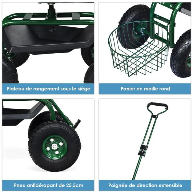 Carrello da giardino con cesto portaoggetti con manico estensibile e 2 vassoi porta attrezzi scooter a 4 ruote 96,5 x 48,5 x 45,5-54,5 cm verde