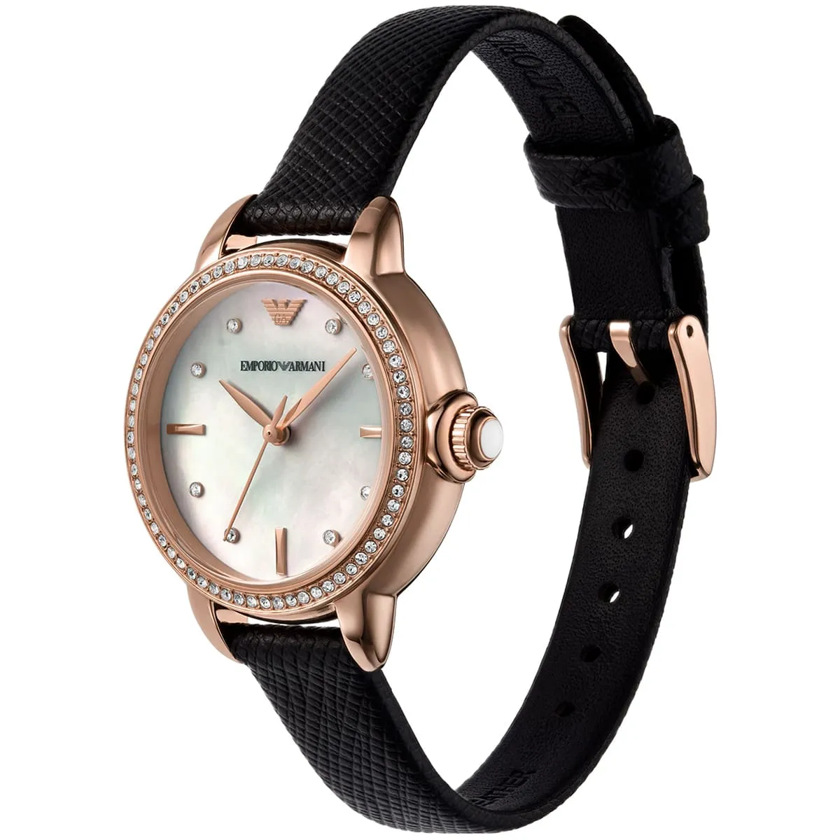 Emporio Armani Rosa MOP Dial Black Genuine Leather Women's Watch - AR11598