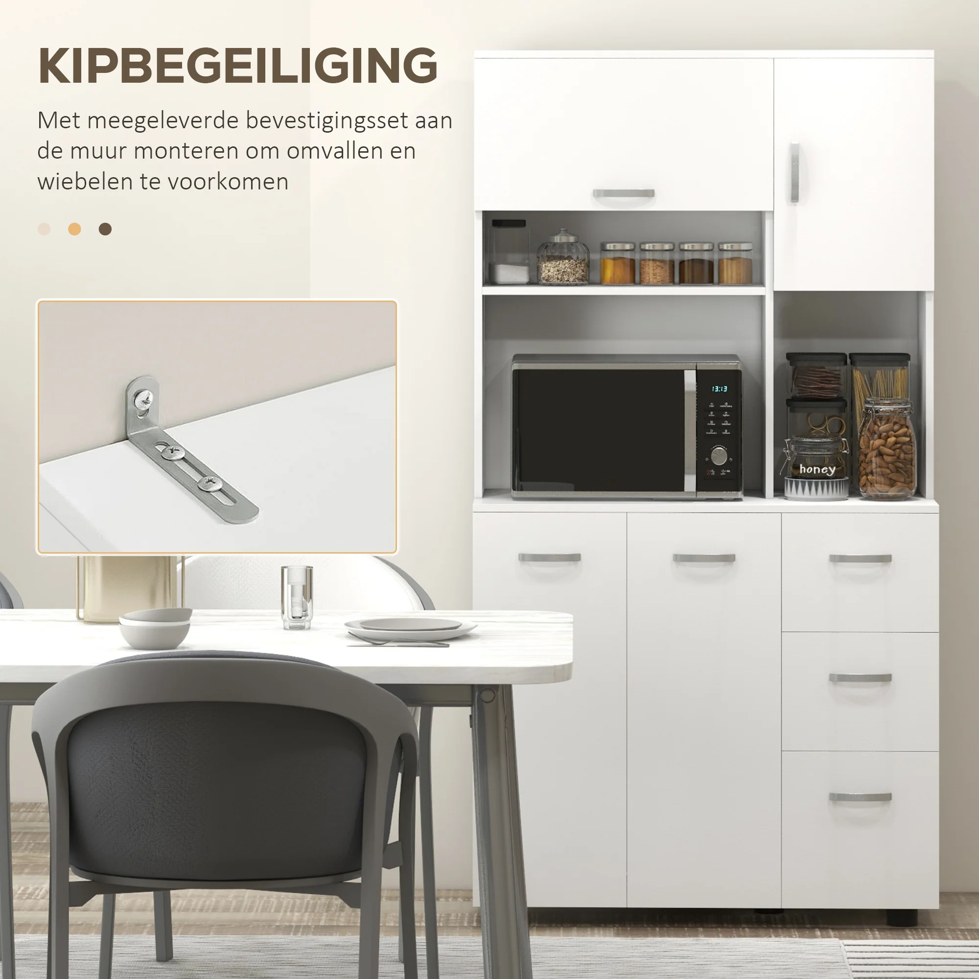 HOMCOM Keukenkast, Buffet, 3 Laden, 3 Planken, Veel Opbergruimte, 89x39,5x168cm, Wit