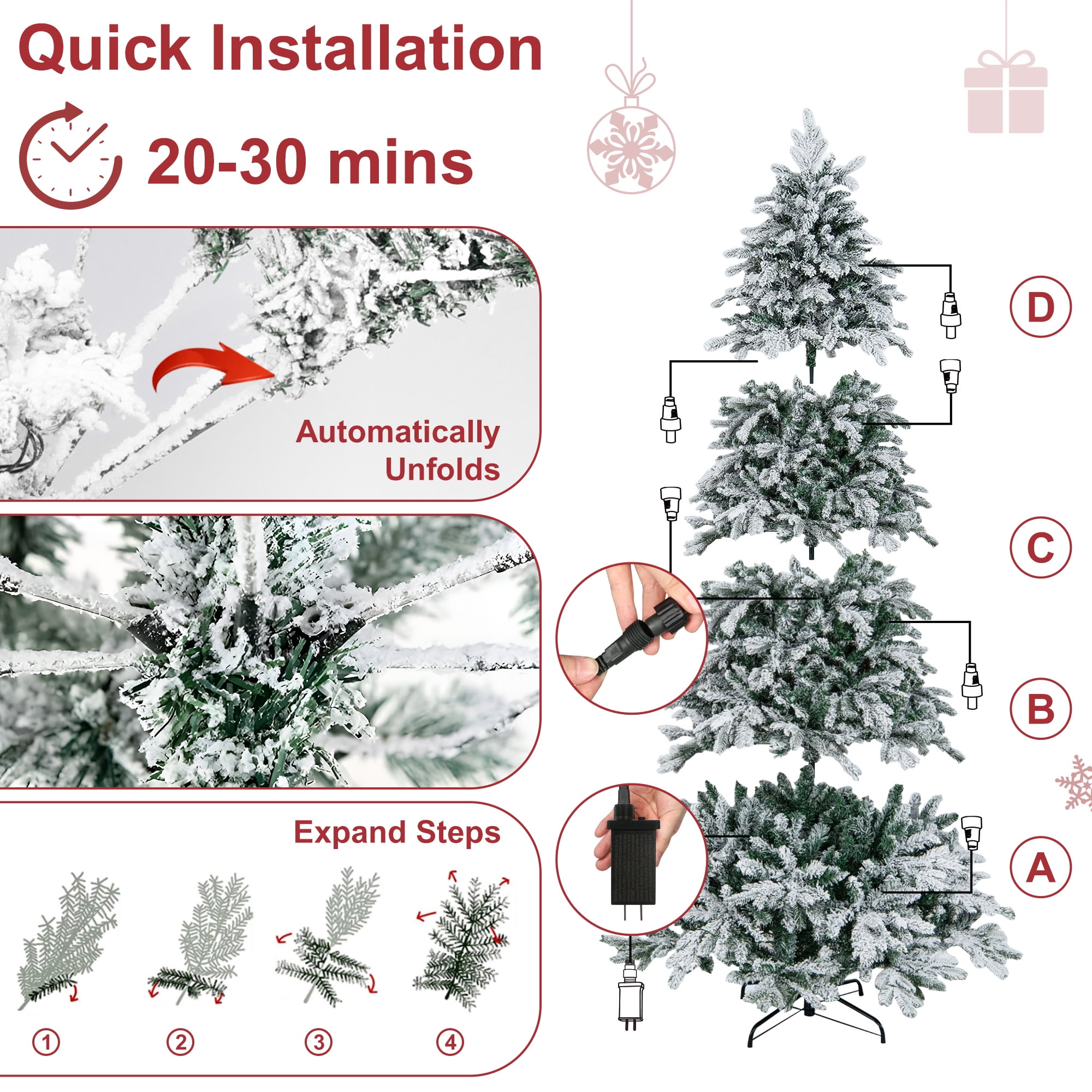 Vrilay 6ft Pre-Lit Snow Flocked Artificial Christmas Tree w/ 1000 Tips 300 Lights, Gold Ribbon & Snowflake Christmas Decorations