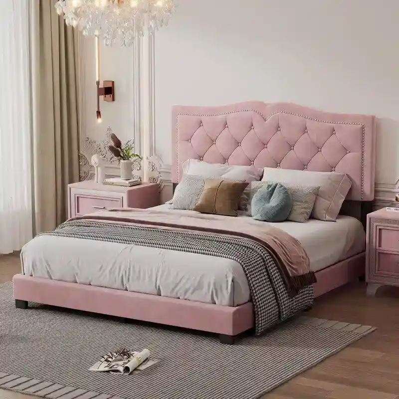Upholstered Platform Bed with Tufted Headboard and Slat Support