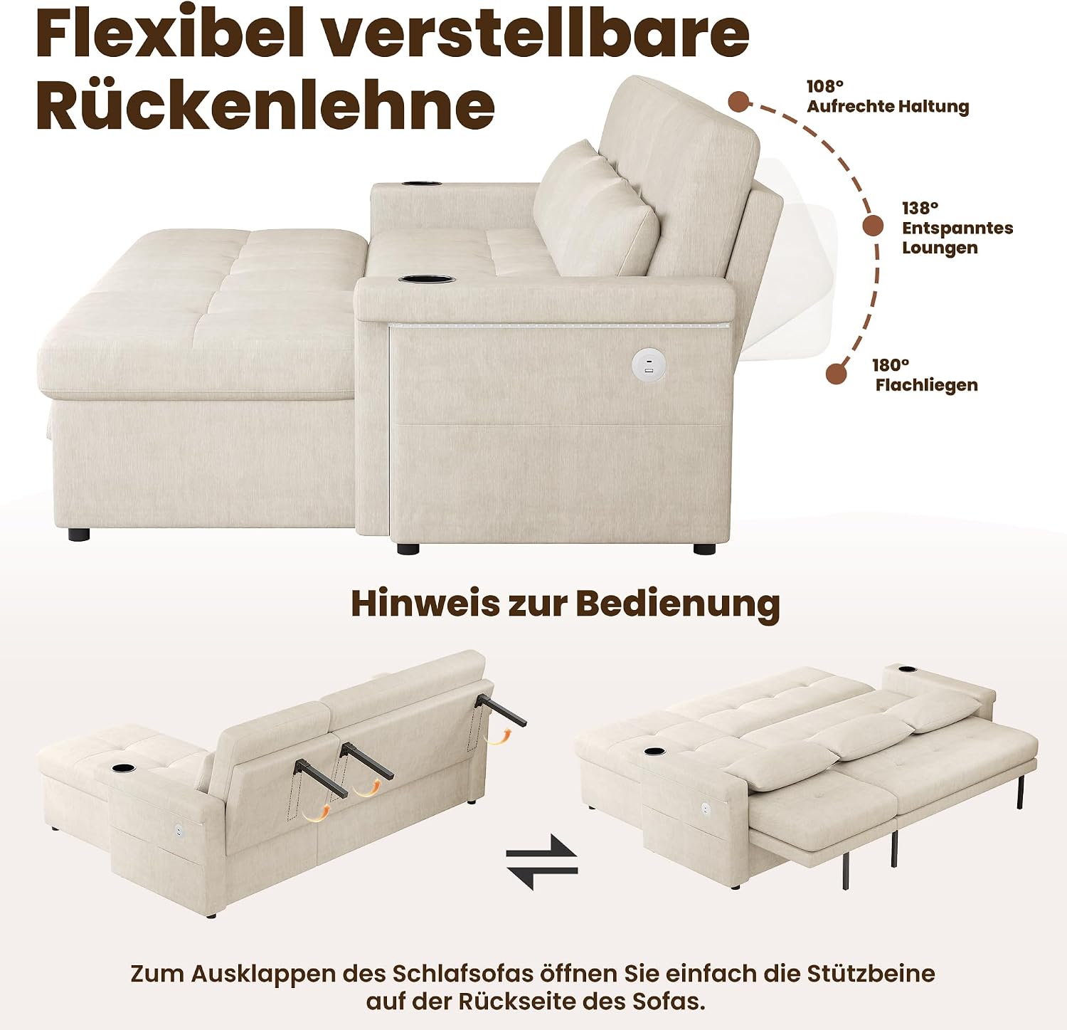 ladez Sofá Cama esquinero en Forma de L con función de Dormir con LED y Conexiones USB, Respaldo Ajustable, sofá esquinero de 3 plazas con Espacio de Almacenamiento, Chaise Longue para salón