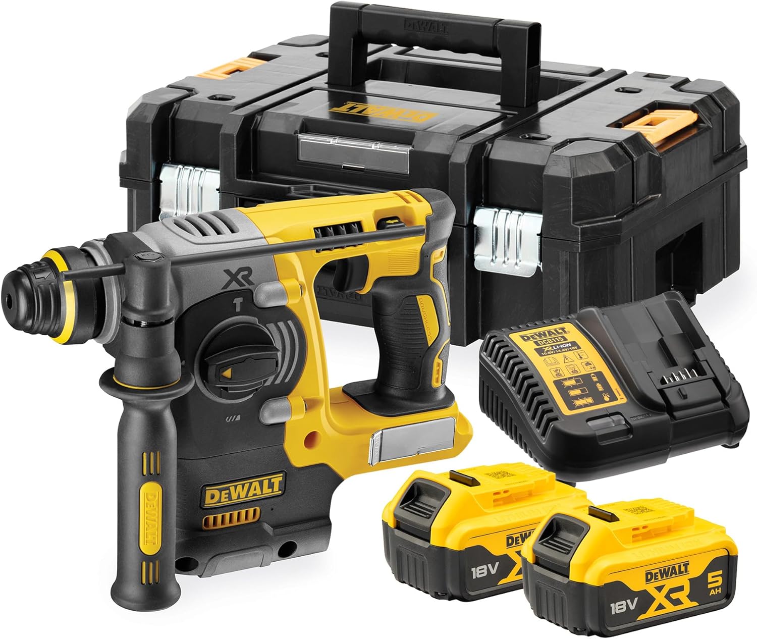 DEWALT 18V XR Brushless 24mm SDS-Plus Percussion Drill with 2 x 5Ah Batteries, XR Multi-Voltage Charger and TSTAK Heavy Duty Kitbox, DCH273P2T-QW