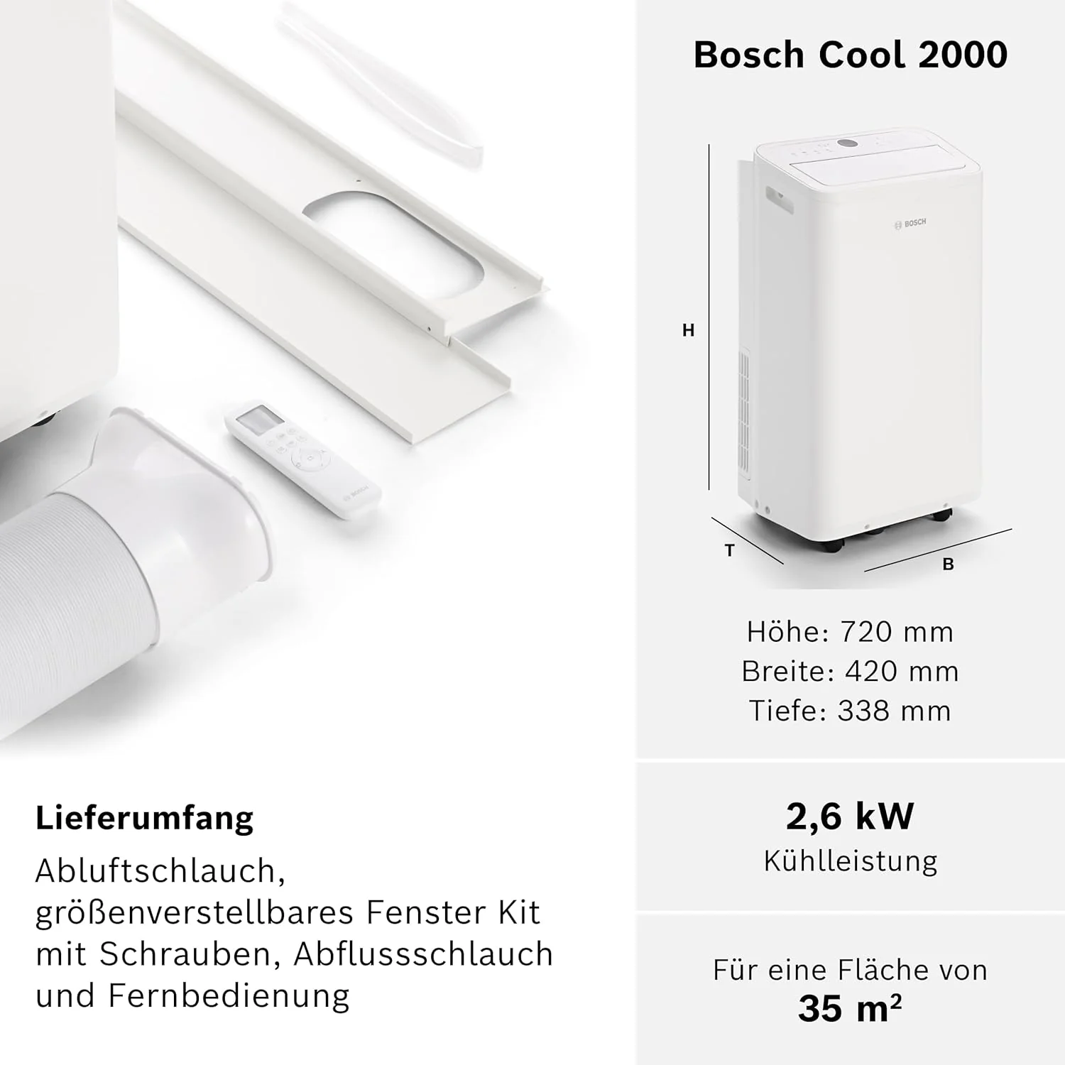 Bosch Cool 4000 Mobiles Klimagerät - 3-in-1: Klimagerät, Luftentfeuchter, Ventilator - 2,6 kW für Räume bis zu 35m² - Mit Auto-Modus, Silent-Modus & Sleep-Modus