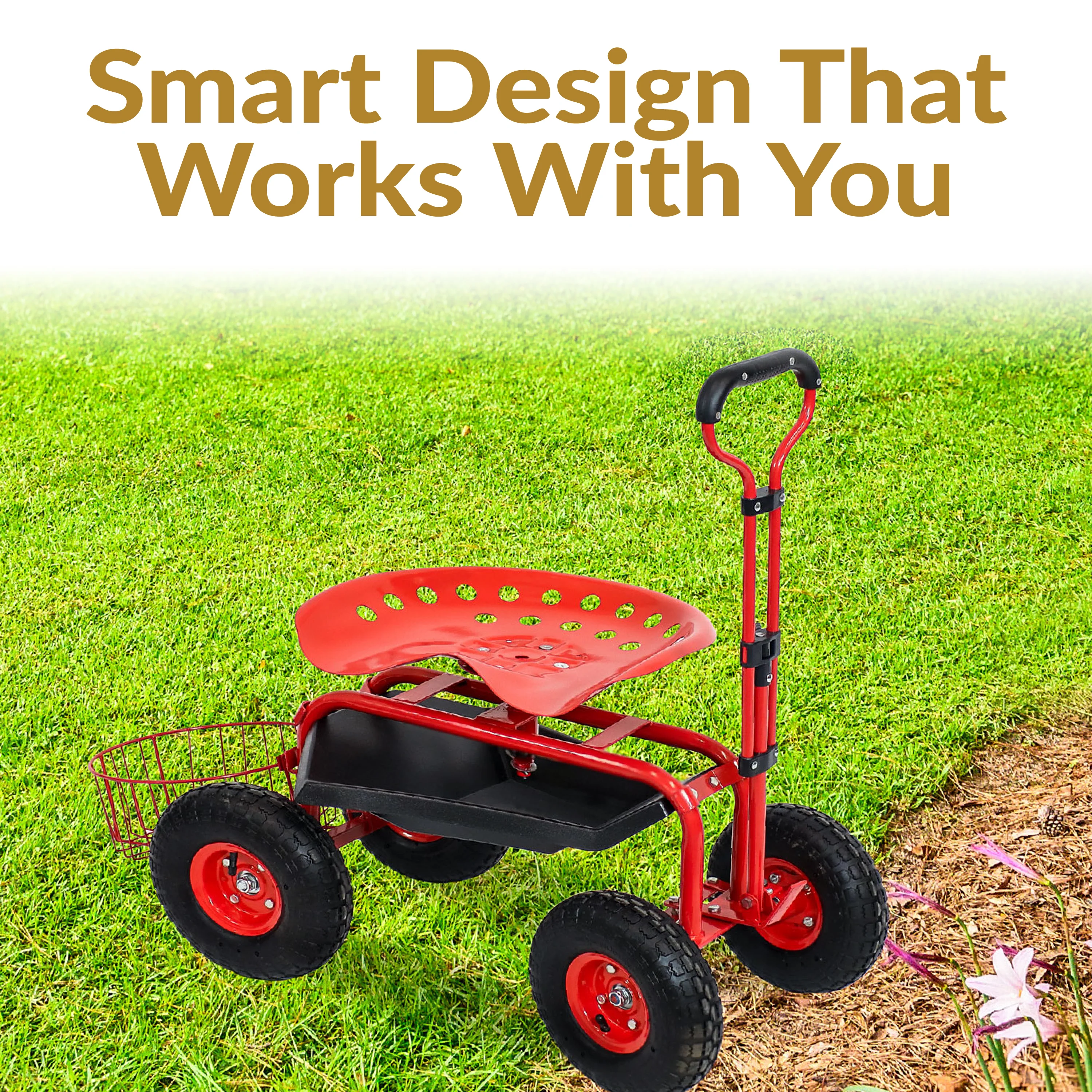 2025 Carrito de Jardín Rodante Sunnydaze con Asiento Giratorio, Manillar y Cesta
