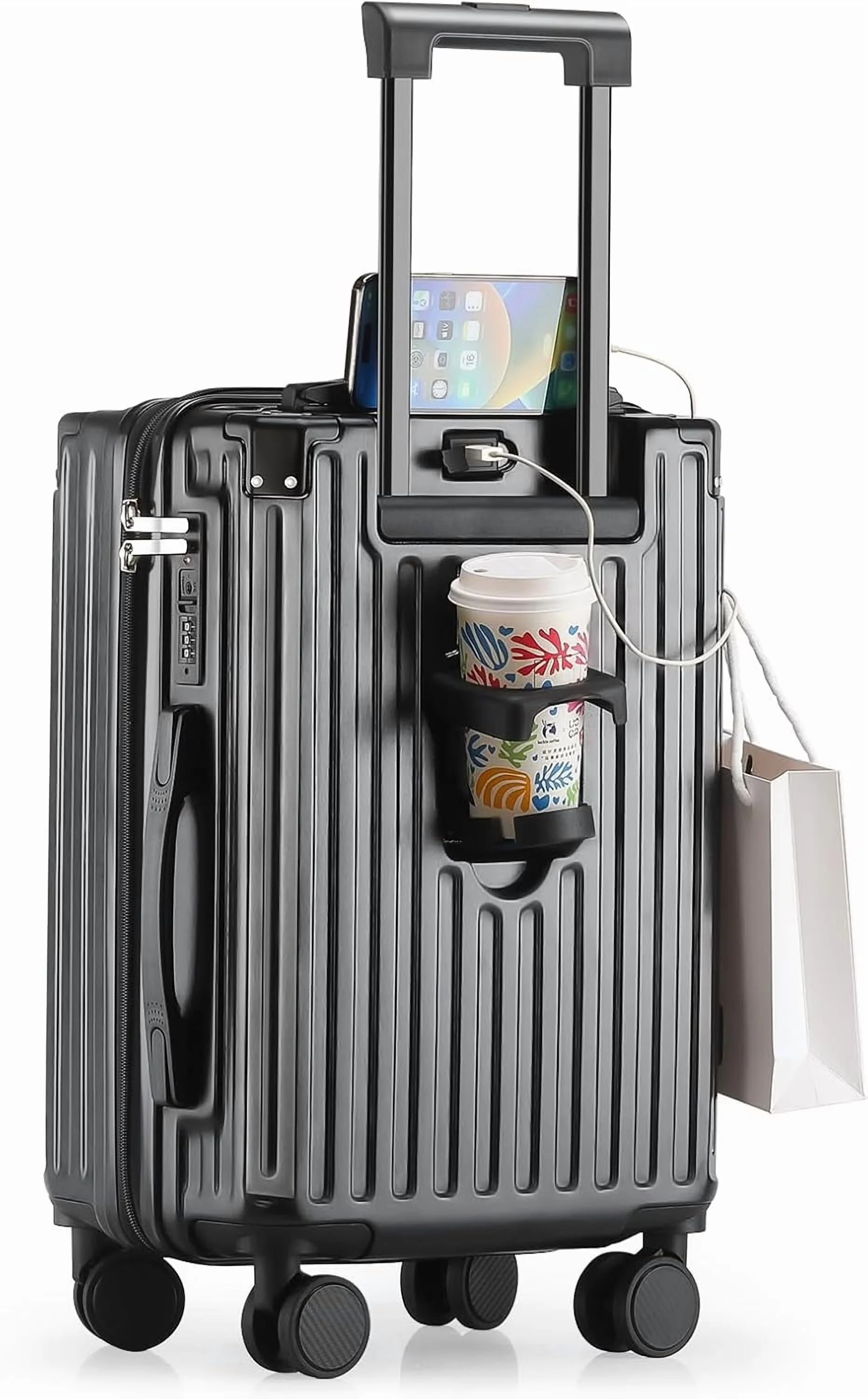 20 Inch Carry On Luggage With Cup Holder & USB Port, Airline Approved TSA-locked Luggage, Lightweight PC Material Travel Suitcase With 360- Spinner Wheel