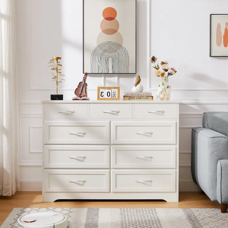 Bedroom dresser, 9 drawer long dresser with antique handles, wood chest of drawers for kids room, living room, entry and hallway