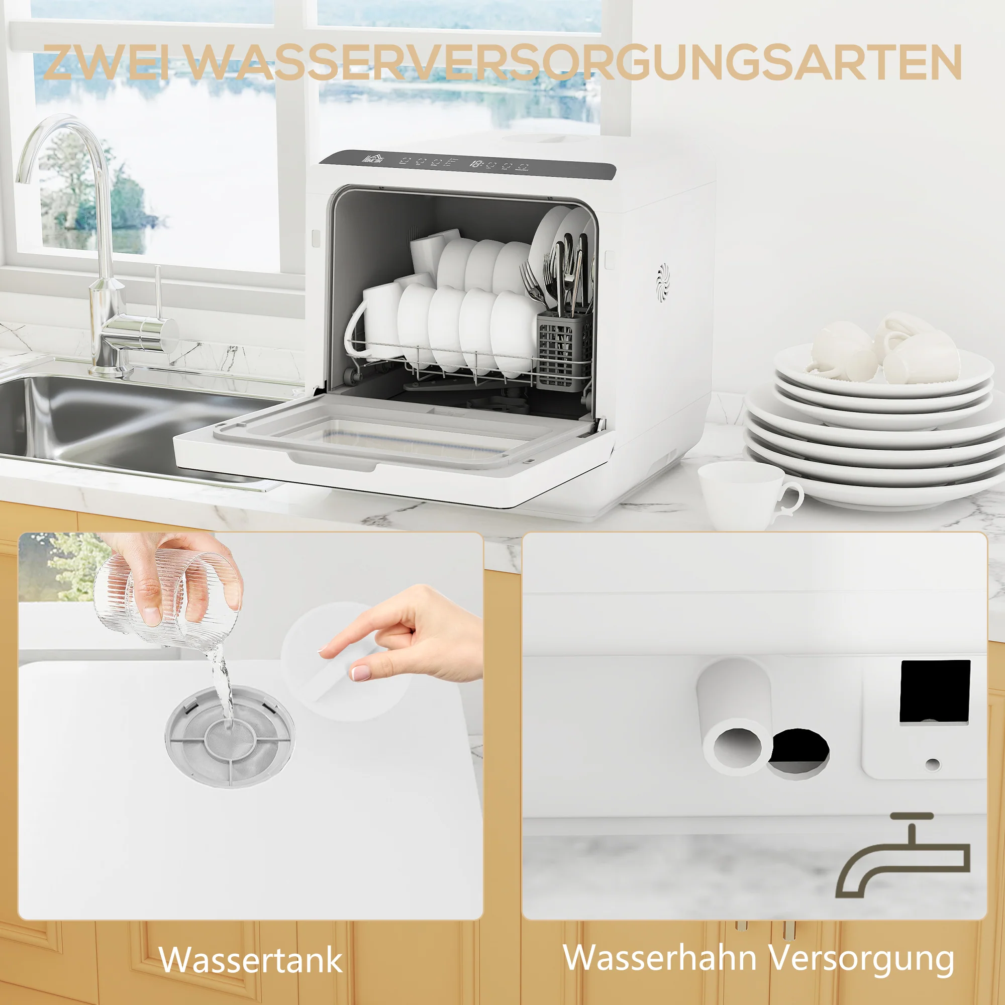 HOMCOM Tafelvaatwasser, Mini-Vaatwasser met 6-Liter-tank, 5 Programma's, LED-display, Droogfunctie, Wit