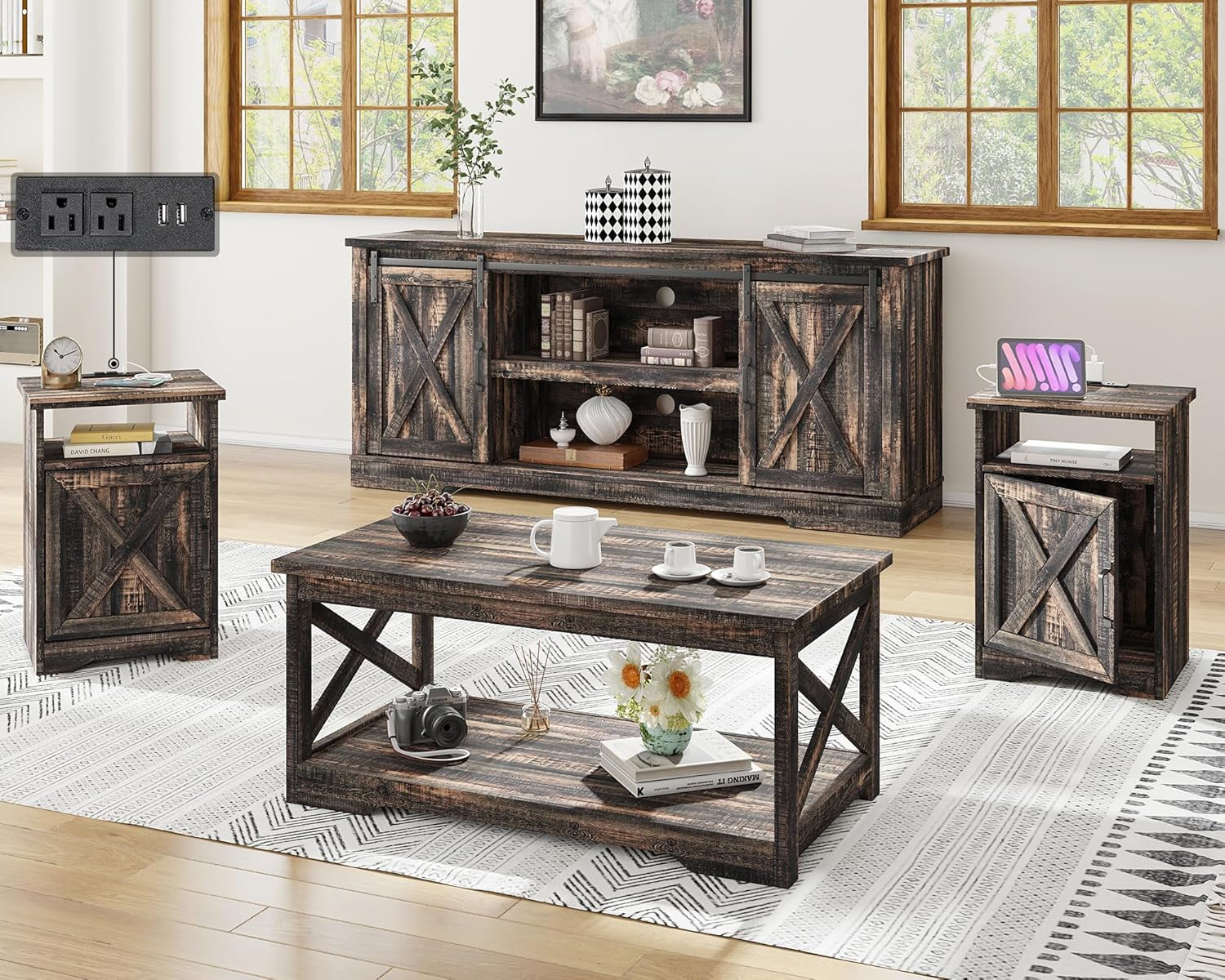 AMERLIFE 4-Piece Farmhouse Table Set Includes Sliding Barn Door TV Stand, Coffee Table& Two End Tables, Side Table with Charging Station and USB Ports, for Living Room, Dark Oak, 66