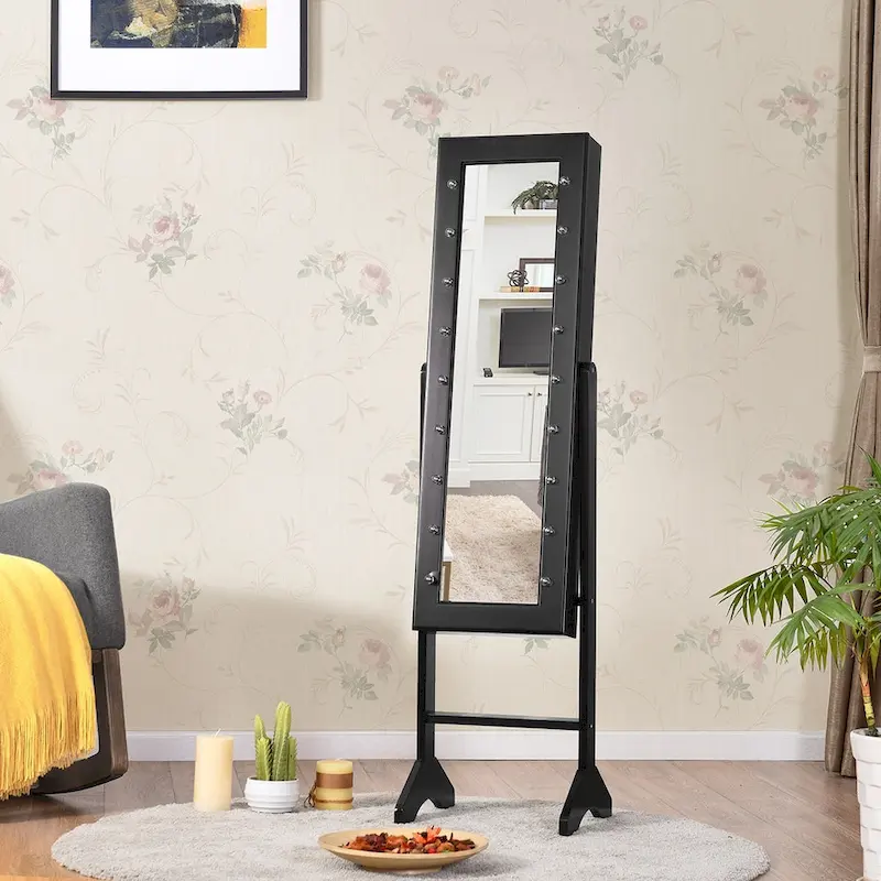 Costway Black Mirrored Jewelry Cabinet Organizer with 18 LED Lights