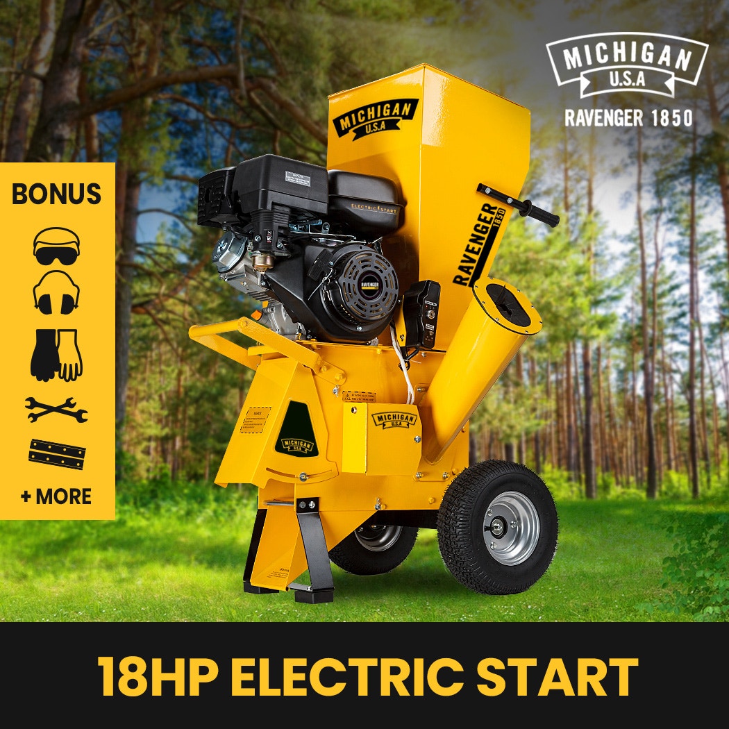 MICHIGAN 18HP 420cc Petrol Commercial Wood Chipper, Electric Key Start, Tree Mulcher - Ravenger 1850