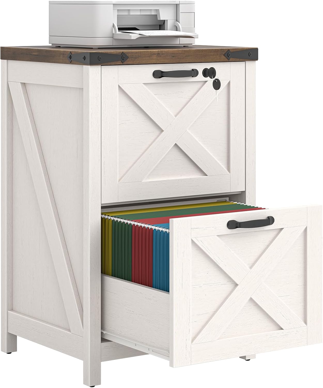 Halitaa 2 Drawer Small File Cabinet with Lock, Farmhouse Vertical Filing Cabinet Fits Letter and A4 Size, Under Desk Wooden File Cabinets for Home Office, Printer Stand, Rustic White