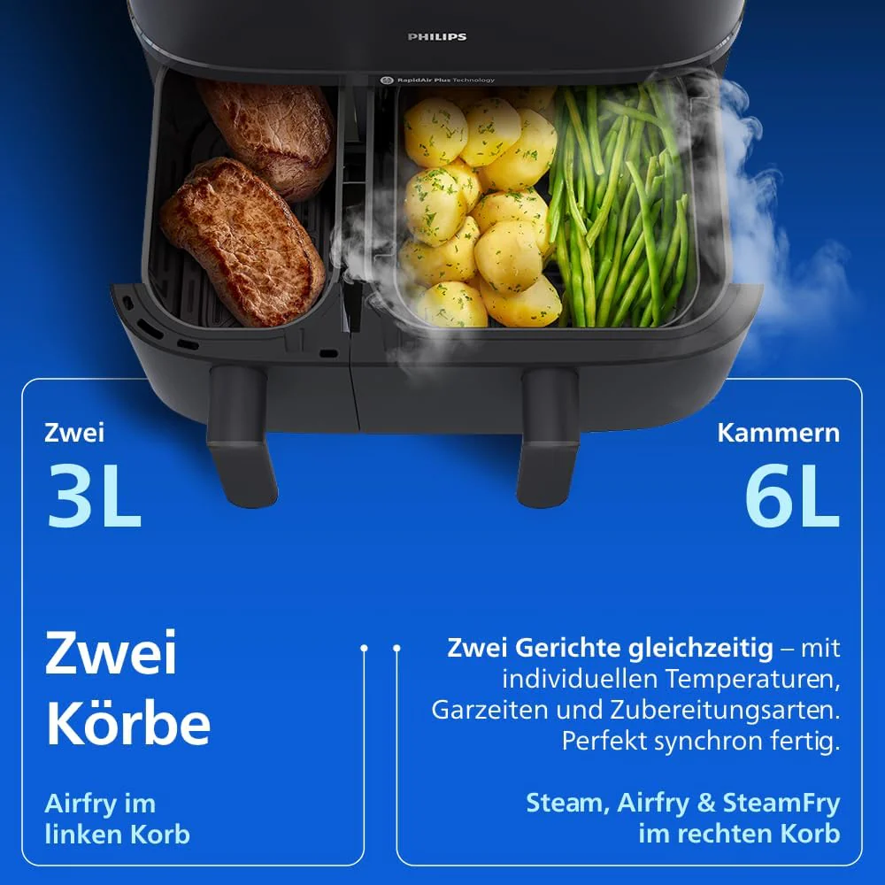 Philips NA550/00 5000 Series Steam & AirFry Heißluftfritteuse 9L – RapidAir Plus, 2x Korb, 2750W