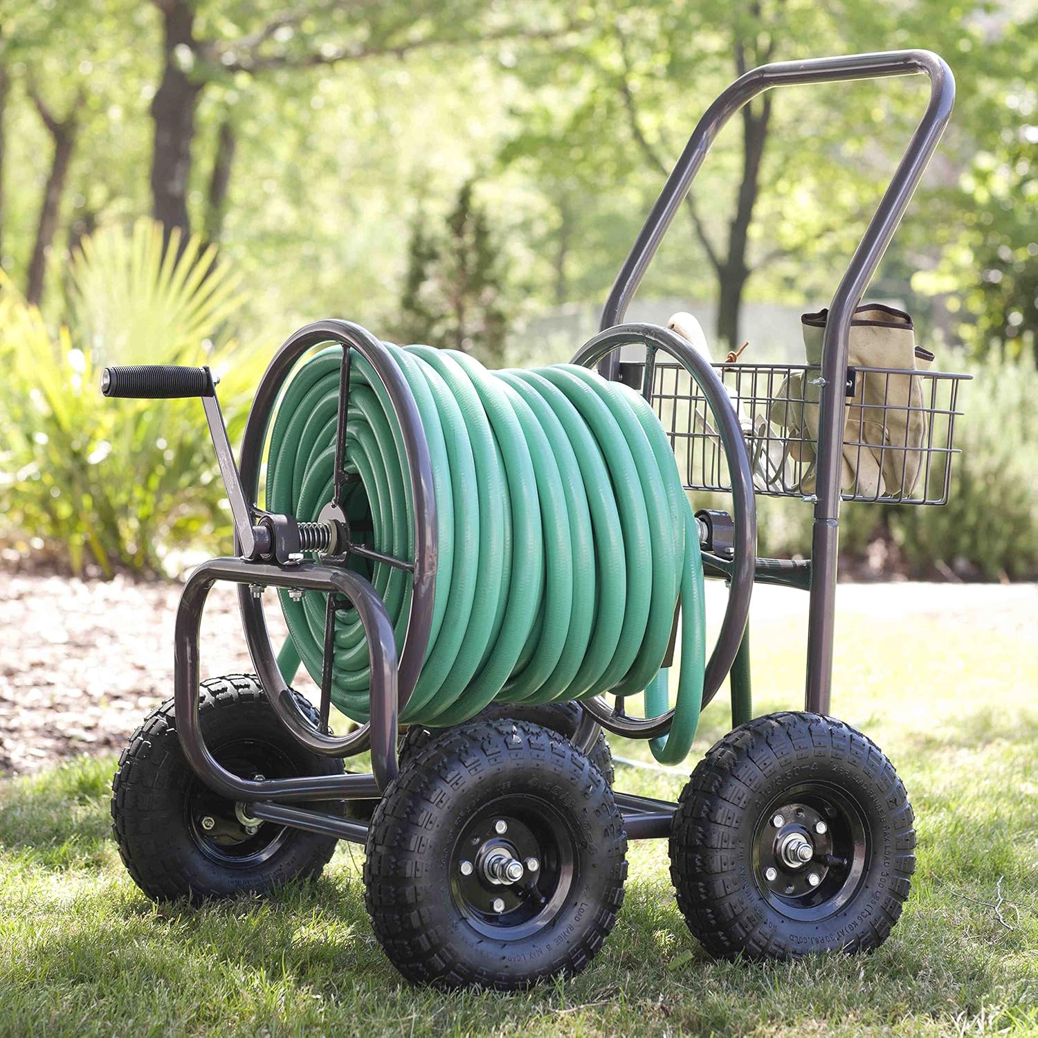 Residential Grade Four Wheel 250 Foot Capacity Steel Frame Water Hose Reel Cart with Basket for Backyard, Garden, or Home, Brown, Bronze