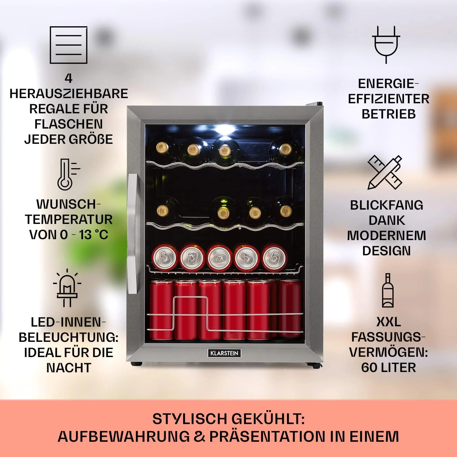 Klarstein Mini Koelkast met Glazen Deur voor Kamer, Drankenkoelkast met Verstelbare Planken, Klein 80 Liter, Indoor/Outdoor Koelkast Stil
