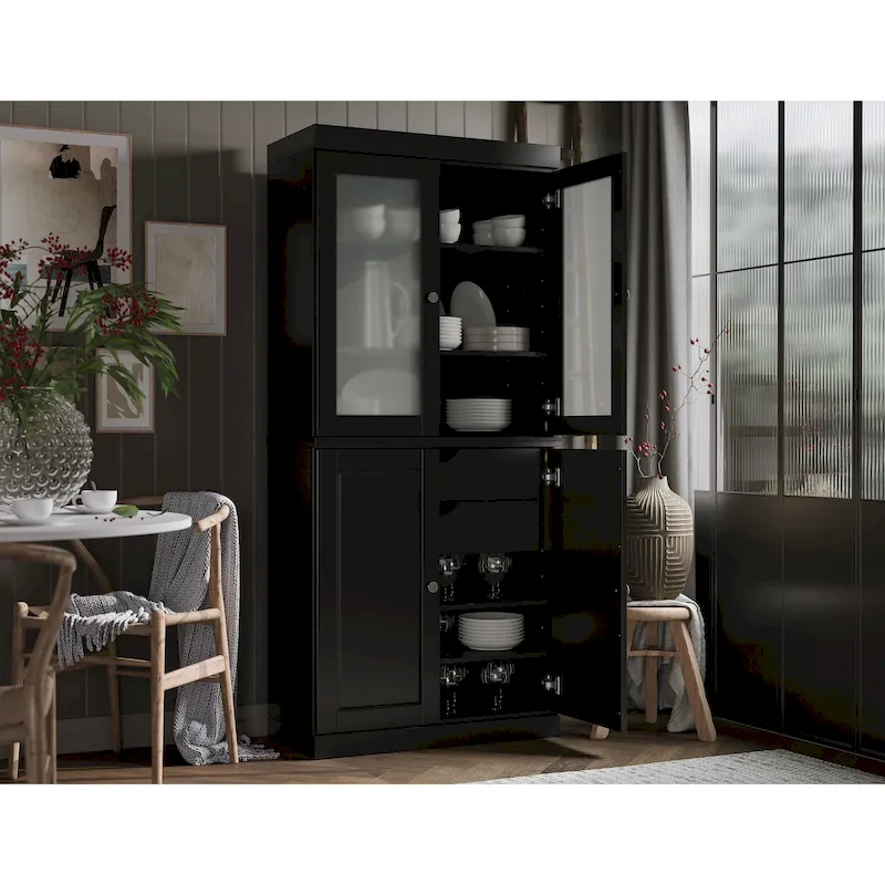 Solid Wood Kitchen Pantry Cabinet with Adjustable Shelves & Frosted Glass Doors