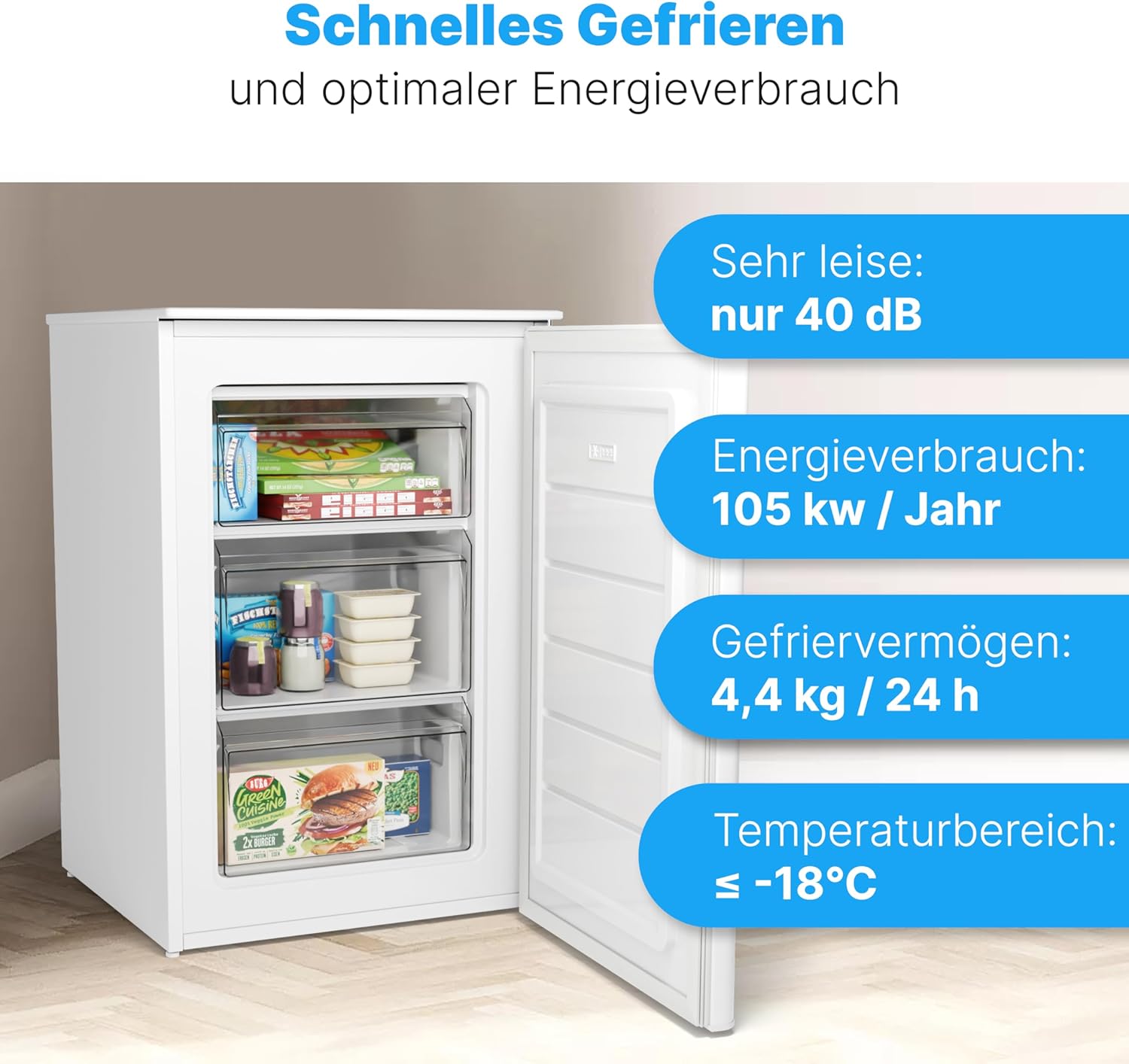 Bomann Gefrierschrank 87L | Gefrierschrank klein mit Temperaturbereich ≤ -18°C | 3 Schubladen | Tiefkühlschrank mit wechselbarem Türanschlag | Freezer Tiefkühlschrank klein GS 7253 weiß
