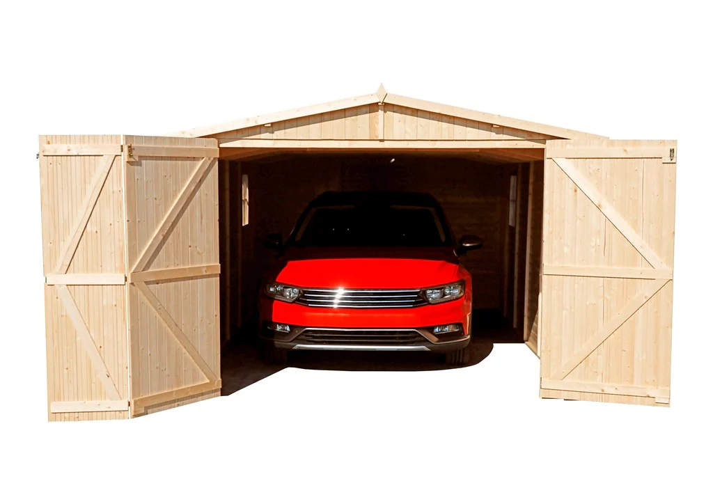 GARAJE de madera 18 m² - trastero con ventanas - A222x616x324 cm - construcción de paneles de madera natural - Taller de jardinería - TIMBELA M102