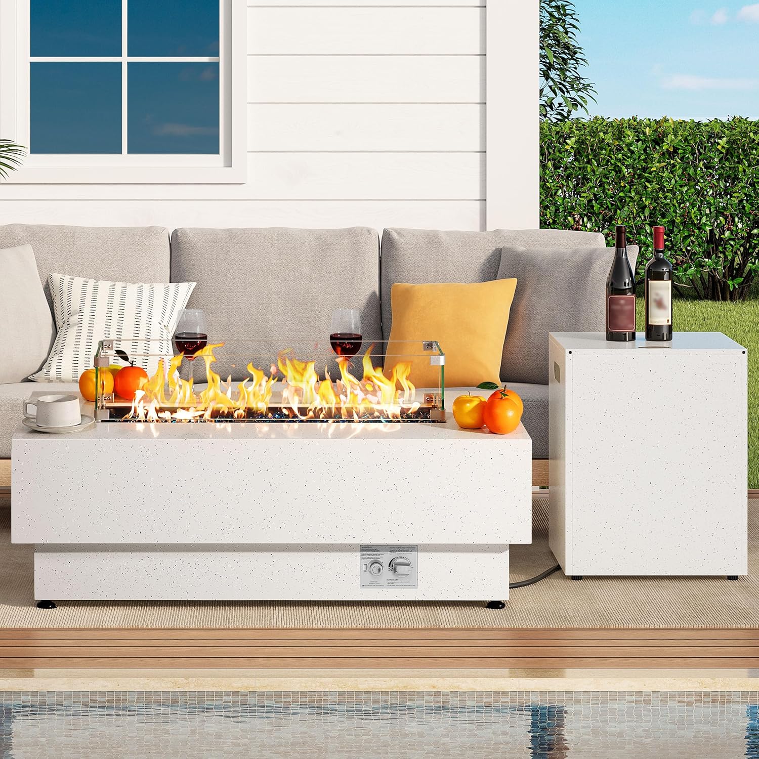 IRONCK 43-inch Outdoor Propane Fire Pit Table w Tank Table, CSA Certified, 2 in 1 Rectangular Patio Fire Pit w Glass Rocks, Wind Guard and Cover, 50000 BTU Outdoor Heater for Garden, Pool, White