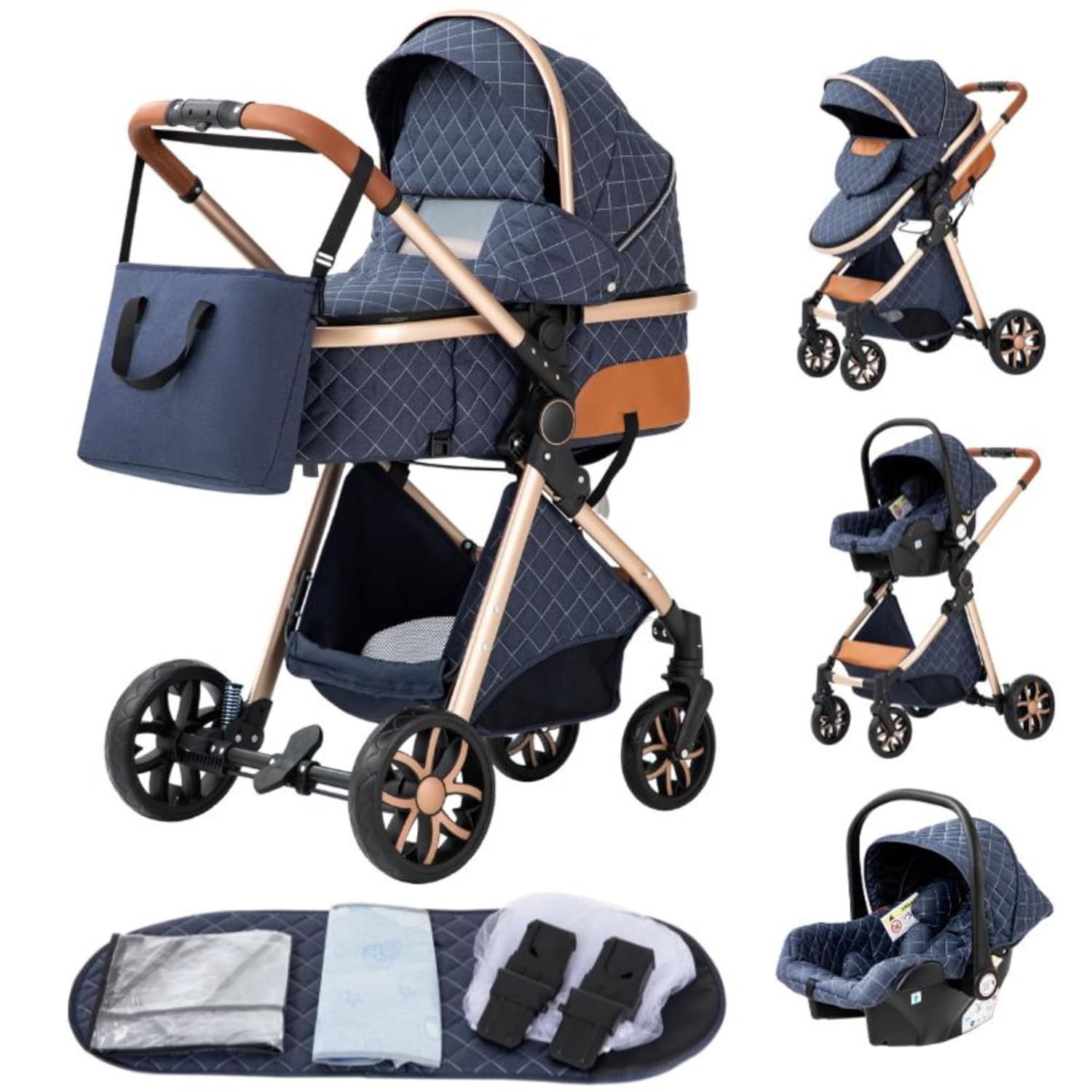 YAZOCO kinderwagen 3 in 1 Buggy Babybett Komplett Set Einem Klick Zusammenklappbarer Kinderwagen, KombiKinderwagen Aluminiumrahmen für Neugeborene Sitzzubehör (1 schwarz)