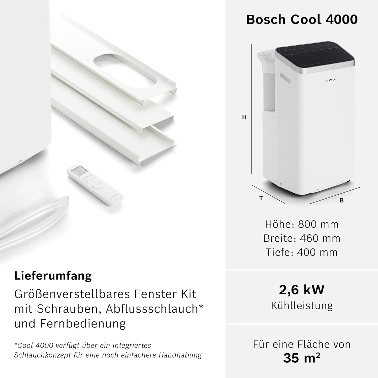 Bosch Cool 4000 Mobiles Klimagerät - 3-in-1: Klimagerät, Luftentfeuchter, Ventilator - 2,6 kW für Räume bis zu 35m² - Mit Auto-Modus, Silent-Modus & Sleep-Modus