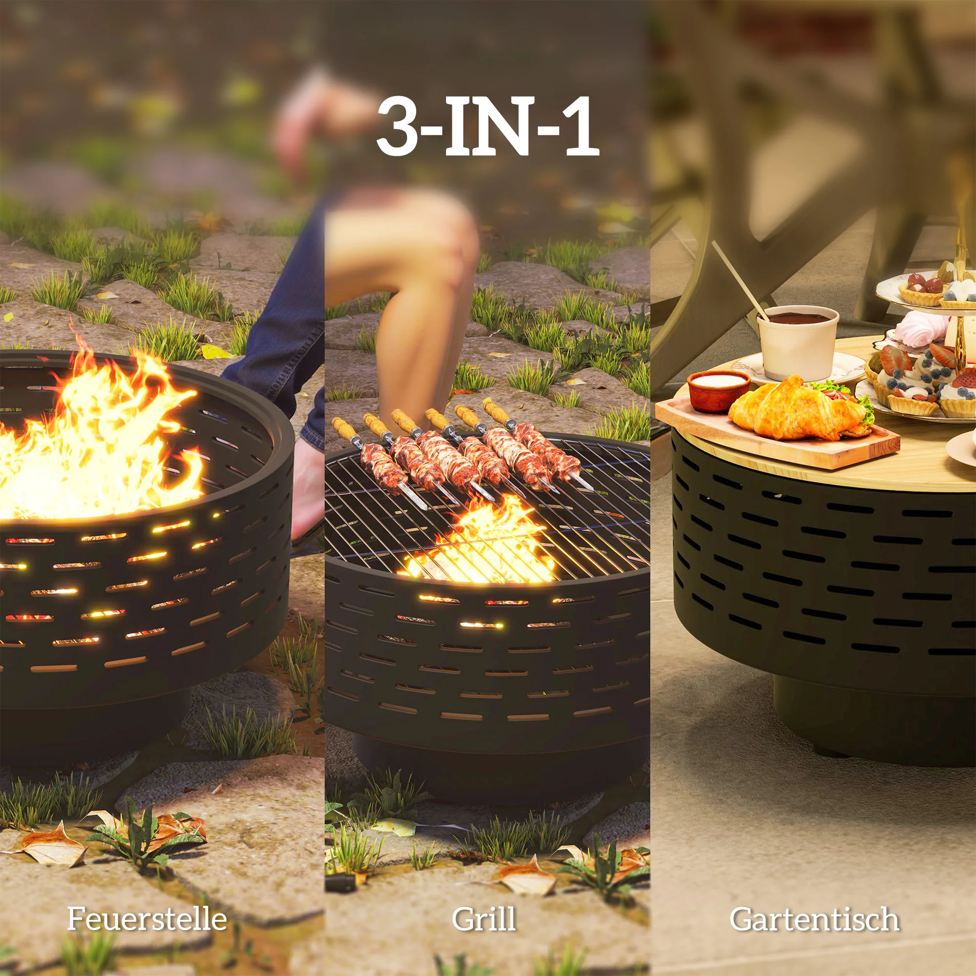 Outsunny 3-in-1 Vuurschaal Ø60 x 39cm van Roestvrij Staal met Grillrooster, Vonkenbescherming en Vuurhaak Steenkoolgrijs