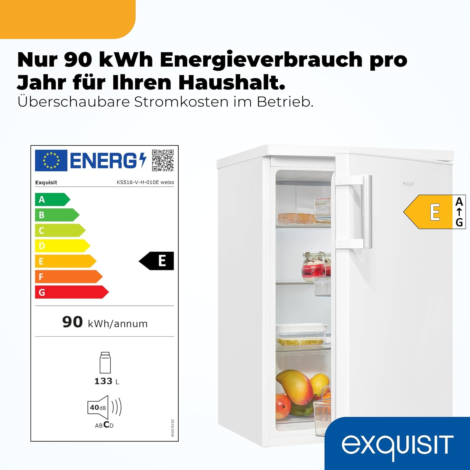 Exquisit Vollraumkühlschrank | 133 l Nutzinhalt, Energieklasse E, 40 dB(A) | kompakte Bauform, LED-Innenbeleuchtung, manuelle Temperaturregelung, Flaschenfach, Gemüseschublade | KS516-V-H-010E weiss