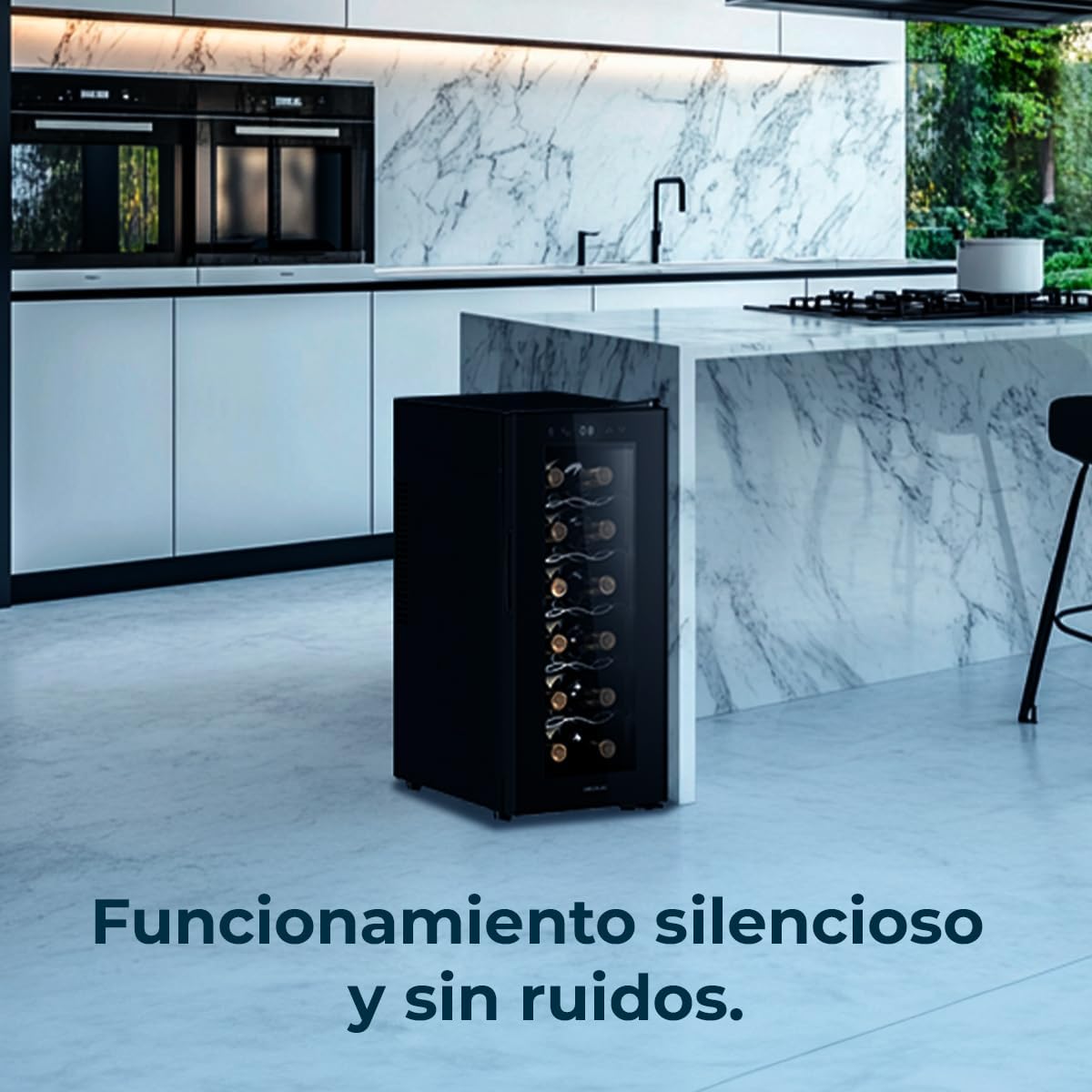 Cecotec Vinoteca Bolero GrandSommelier 1250 CoolCrystal. Bodega para 12 botellas, enfriamiento termoeléctrico, silenciosa con 35 dB, temperatura regulable de 8-18ºC, panel táctil y luz LED interior.