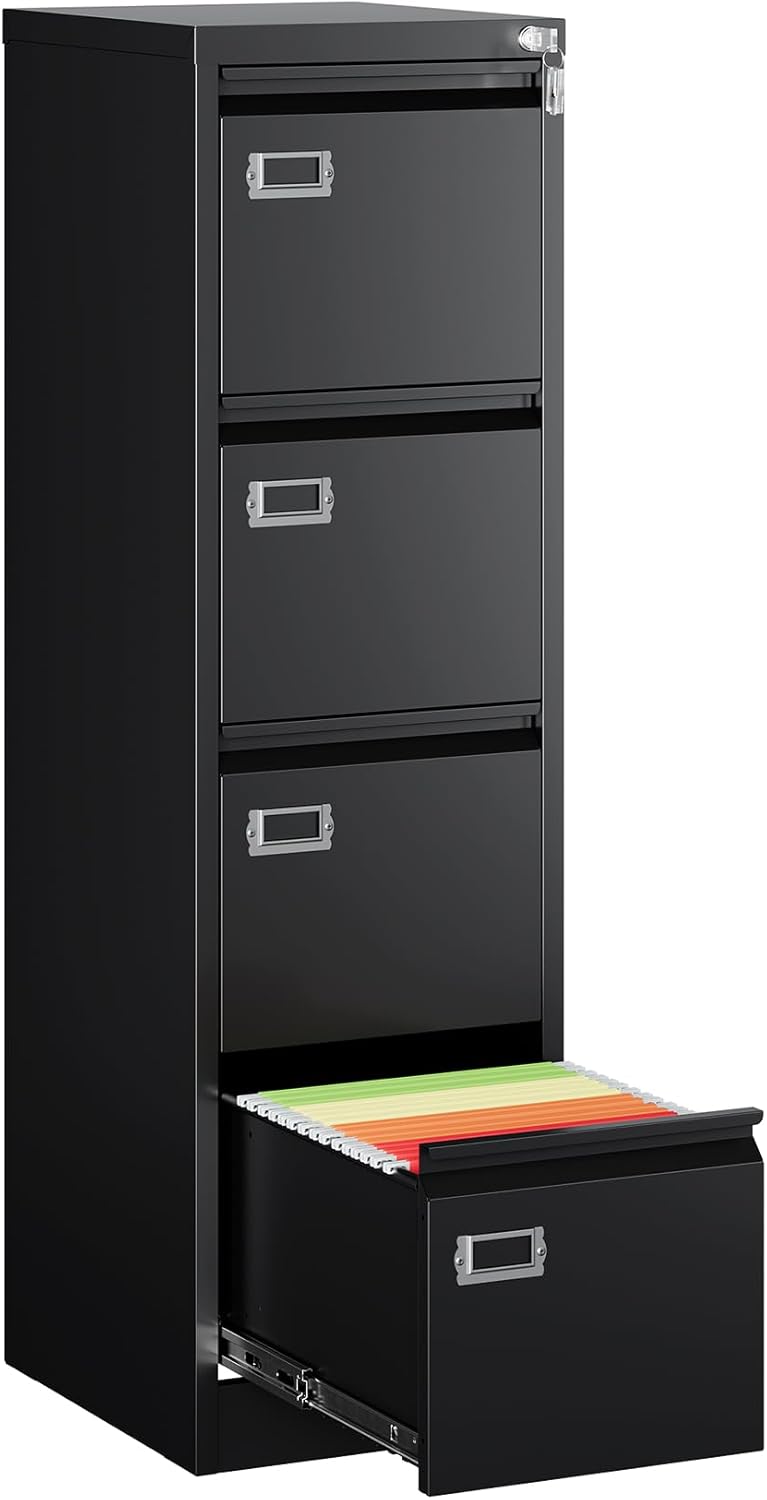 MIIIKO 4 Drawer Filing Cabinets with Lock, Metal File Cabinet with 4 Drawers, Home Office File Folders Cabinet for Letter Legal A4 File Size