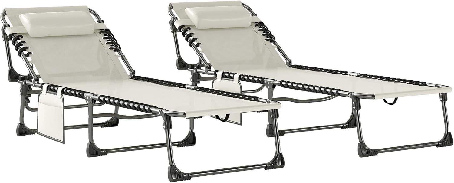 Outsunny Set de 2 Tumbonas Jardín Exterior, Tumbonas Plegables con Reposacabezas y Bolsillo Lateral, Respaldo Reclinable 5 Posiciones y Asiento de Malla Transpirable para Playa, Piscina, Blanco Crema