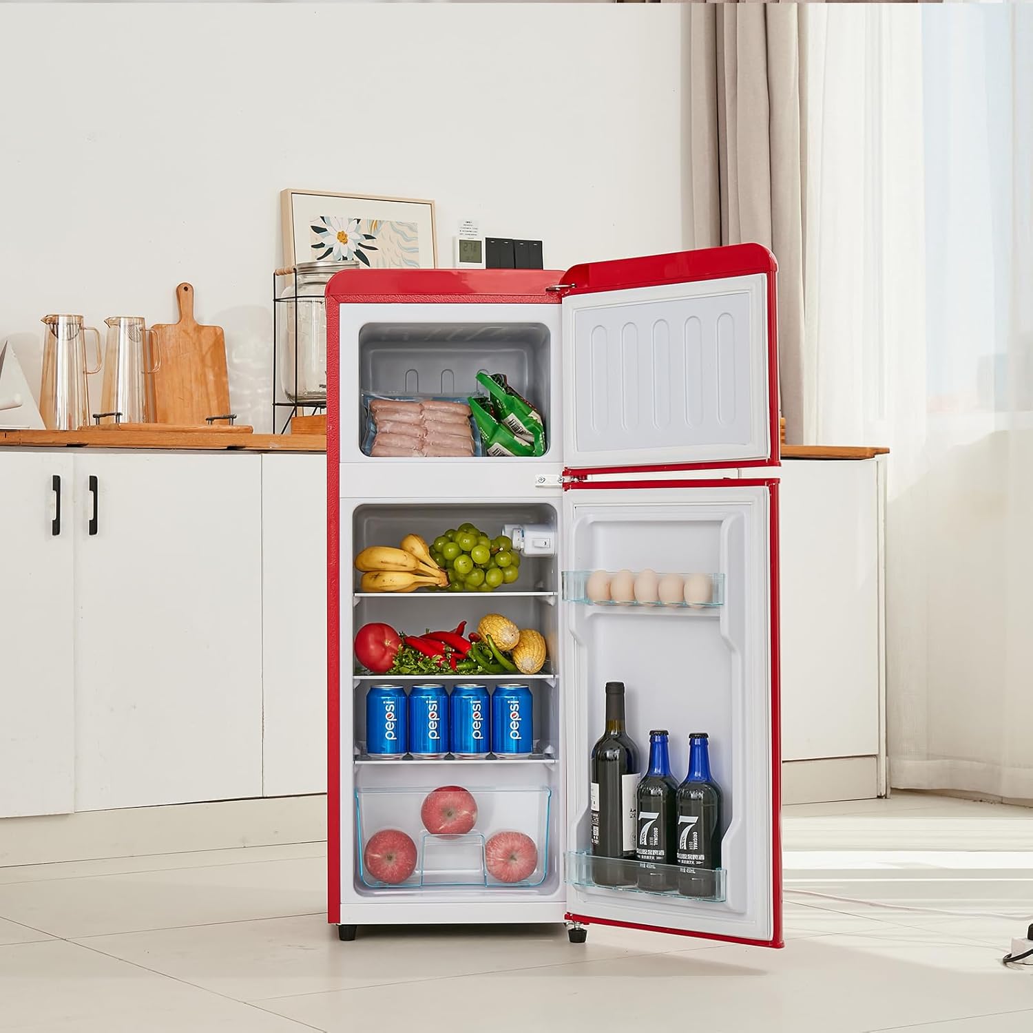 DRIXNO Retro-Kühlschrank. Kühl-Gefrier-Kombination, 105.5 cm hoch, 41 cm breit, zweitürig, mit 92 Liter Gesamtvolumen, 28 Liter Gefriervolumen. Türregale und Glasregale. 181 kWh/Jahr,