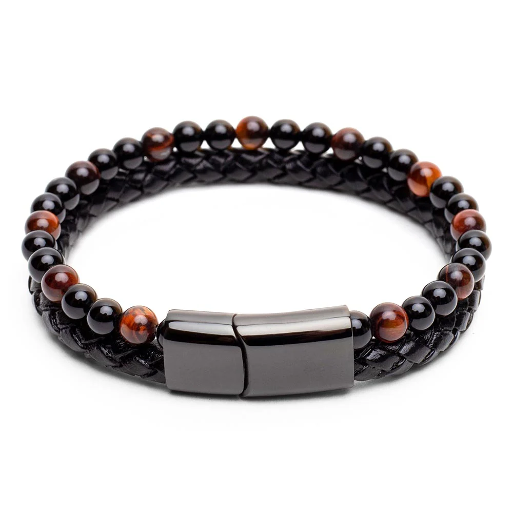 Armband Dubbel - Gevlochten Leer - Rode Tijgeroog & Onyx - RVS Sluiting