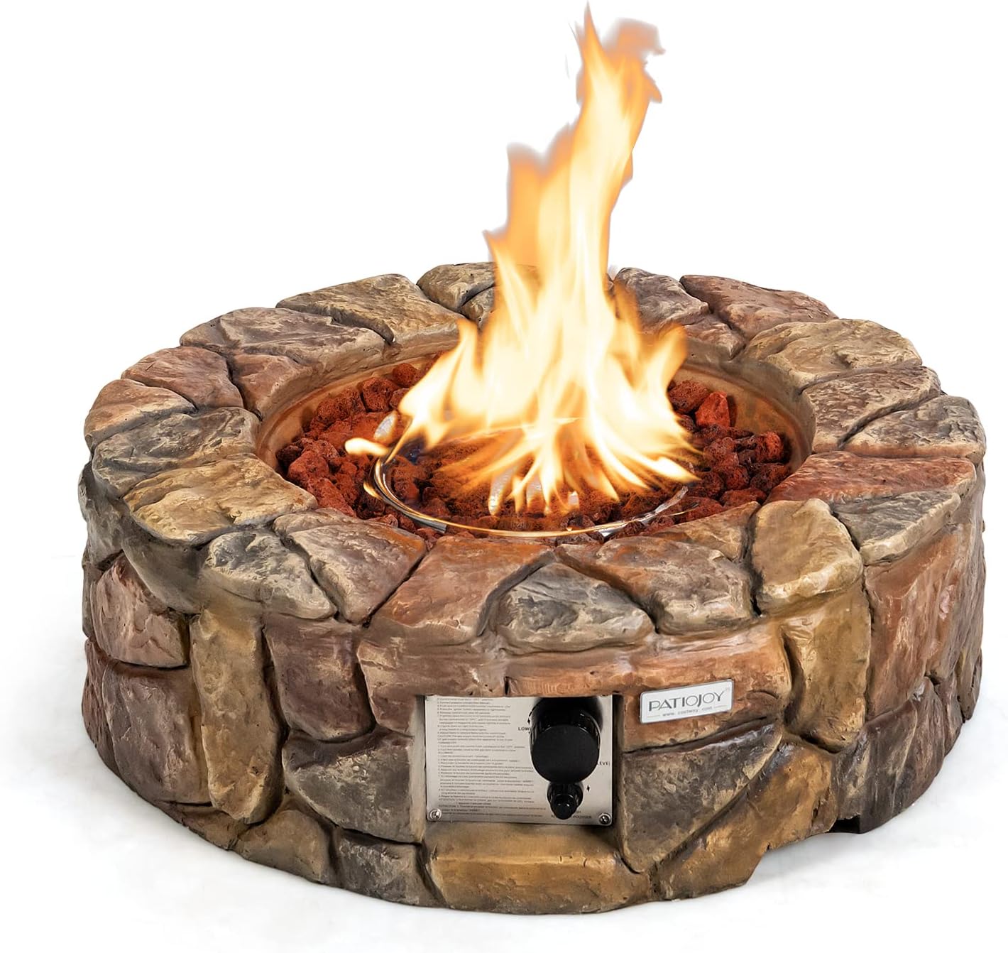 Tangkula 28 Inch Round Propane Gas Fire Pit, Patiojoy 40,000 BTU Stone Look Outdoor Propane Fire Pit with Lava Rocks & PVC Cover, Faux Stone Gas Fire Pit Table for Patio, Courtyard, Garden (Brown)