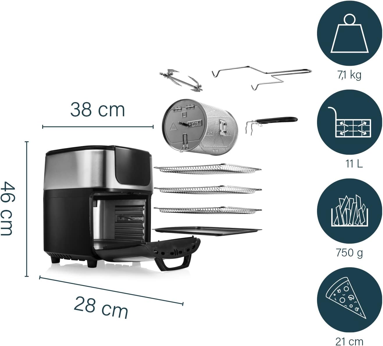 Princess Deluxe Oven Air Fryer - 11L - 1800W - Digital Touch Screen - 10 Preset Programs - Poultry and Basket Included - Stainless Steel - 182075