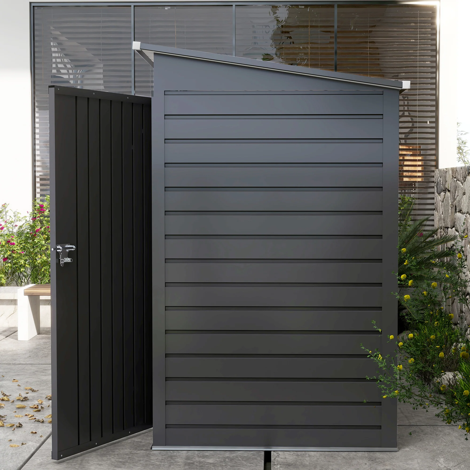 Outsunny Stalen tuinschuurtje, Geräteschuppen, Dubbele Deuren, 249B x 121D x 166/183H cm, Grijs