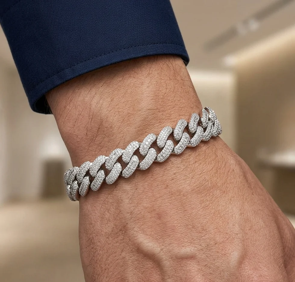 Big Daddy 12MM Baguette Iced Out Rhombus Cuban Silver Bracelet