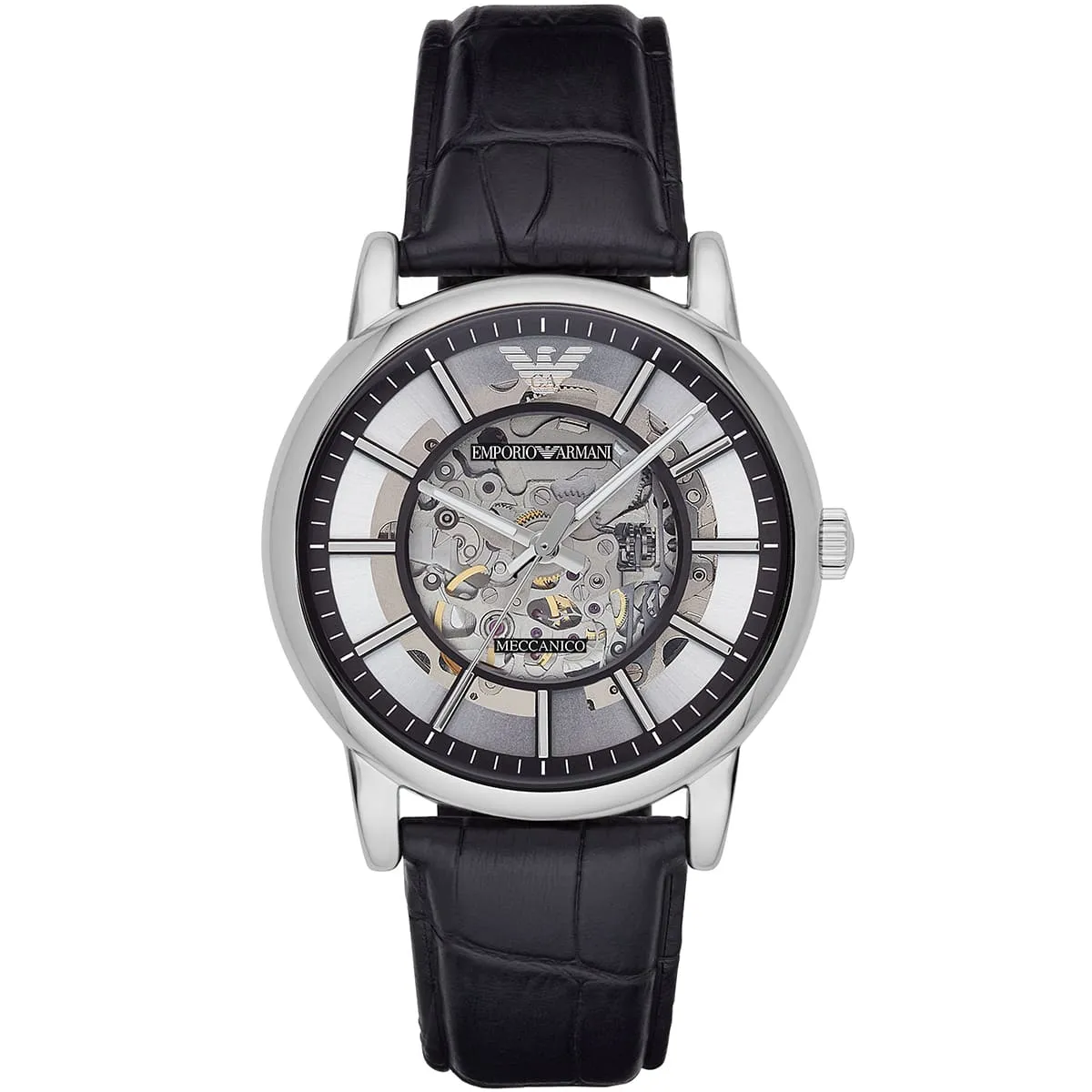 Emporio Armani Luigi Skeleton Automatic Black Genuine Leather Men's Watch - AR1981