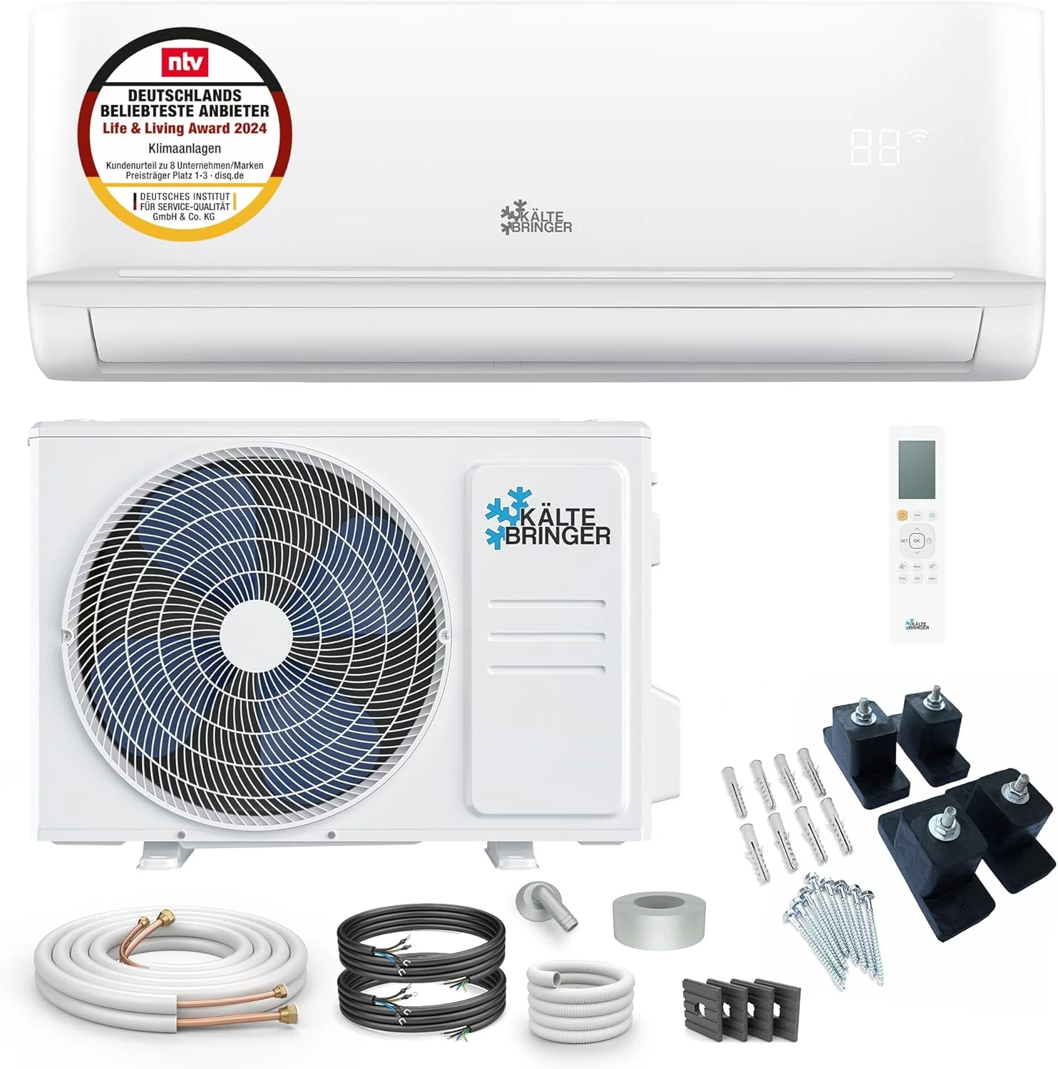 K?ltebringer Split Airconditioner - 9000 BTU (2,6 kW) - Airco met Verwarming, WiFi & App, tot 45m2, zeer stil - Set met 5m Koperleiding, Koudemiddel R32, Montagemateriaal, Wandbeugel