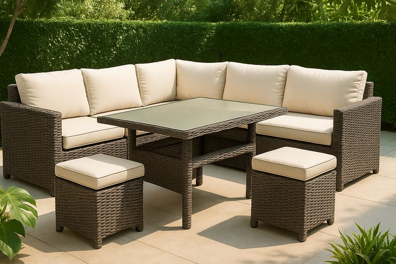 Juego de muebles de exterior 6 piezas ratán sintético cojines crema mesa cristal