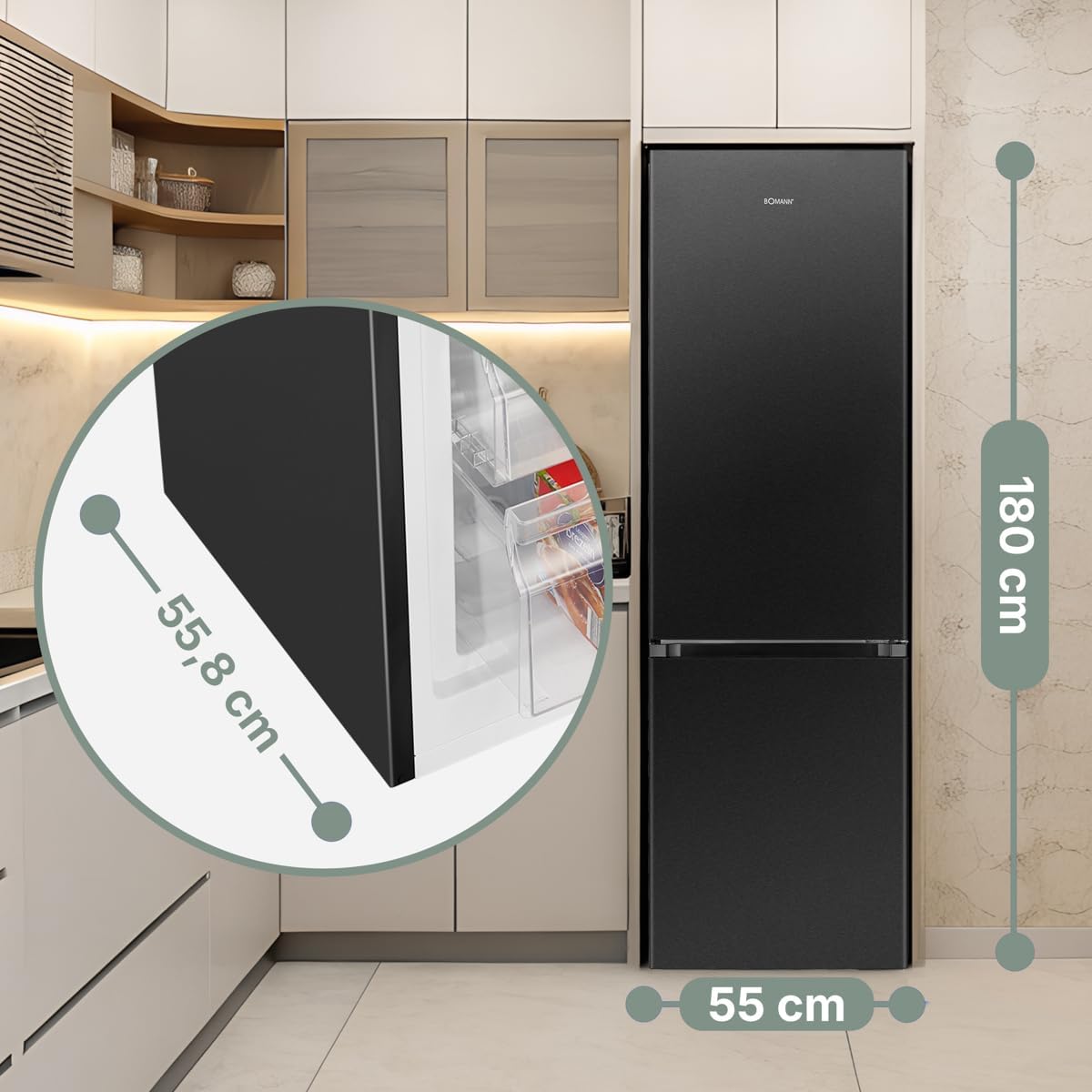 Bomann® Kühlschrank mit Gefrierfach | Energieklasse C | 180cm | Kühl Gefrierkombination leise 36 dB | 4 Ablagen & 3 Schubladen | Türanschlag wechselbar | 268L Kühlgefrierkombi | KG 7353 schwarz