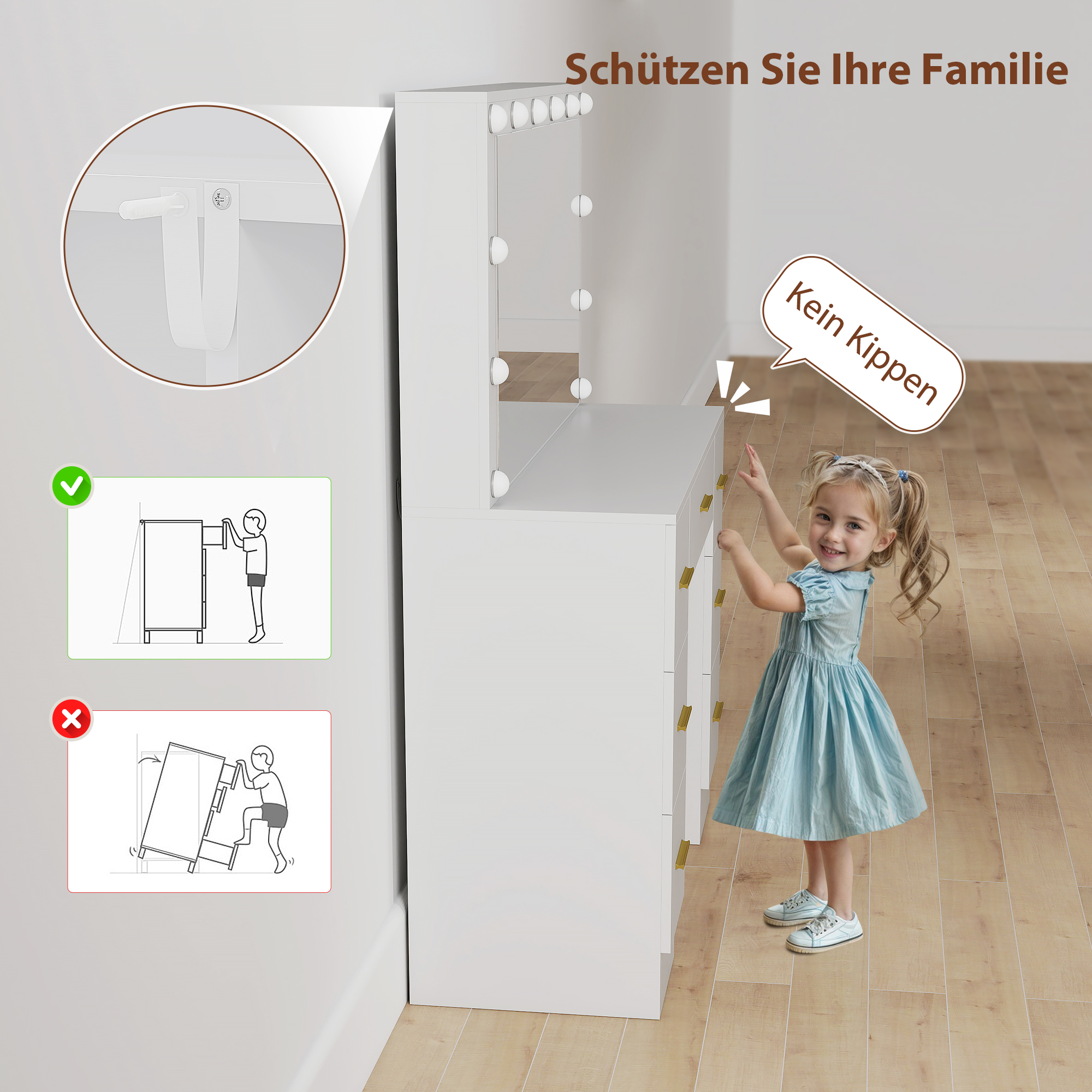 HOMCOM Schminktisch mit Spiegel und 12 LED-Lichtern, Frisiertisch mit 7 Schubladen, 6 versteckte Staufächer, Spanplatte, Weiß